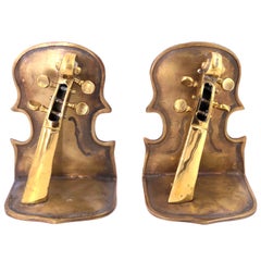 Vintage Solid Pair of Polished Patinated Brass Cello Bookends