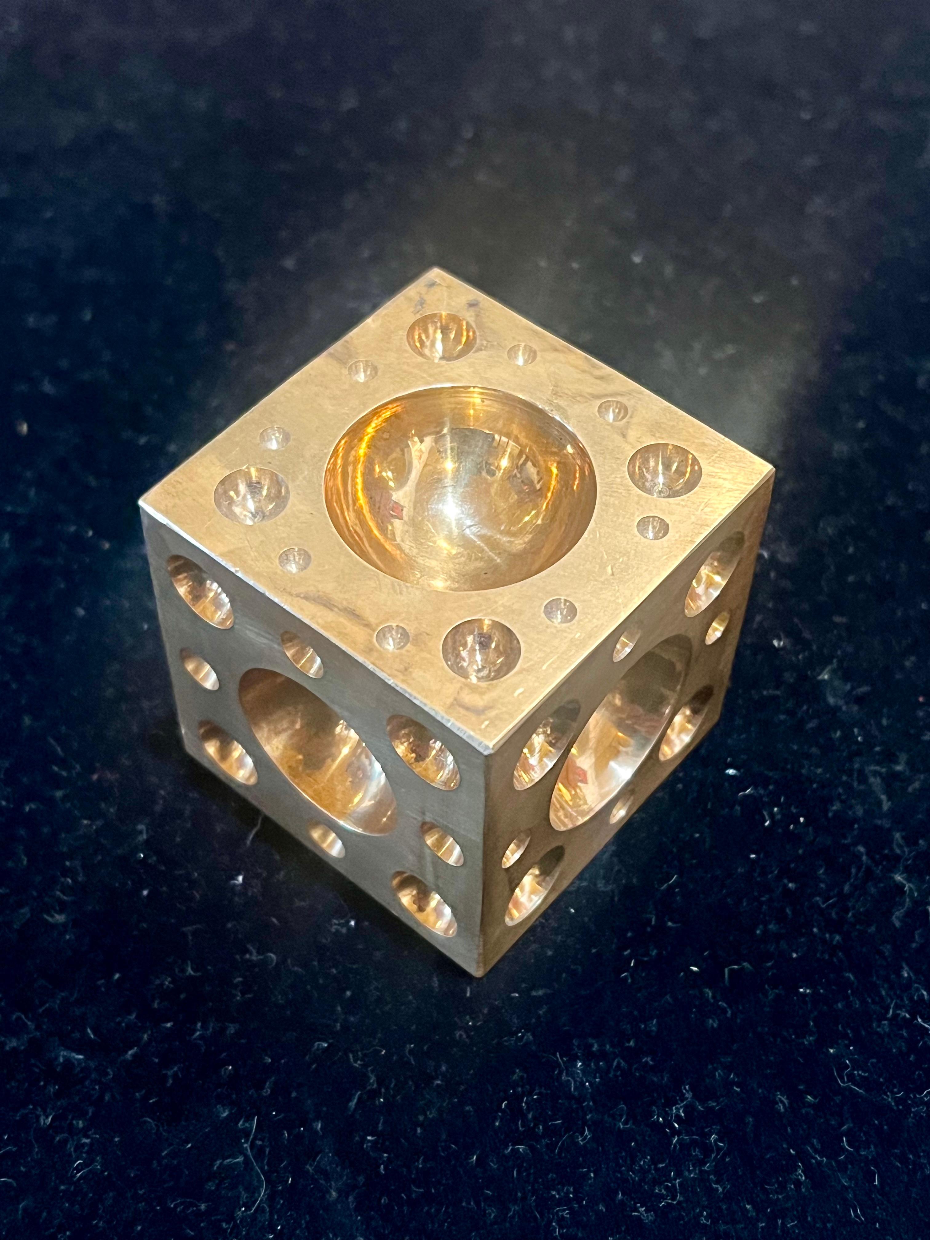 Italian Solid Patinated Brass Cube Dice Sculpture Paper Weight