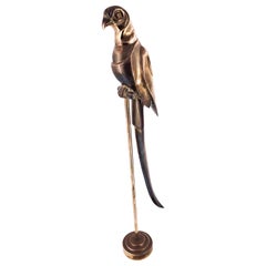 Solid Patinated Brass Parrot on Perch Stand Sculpture