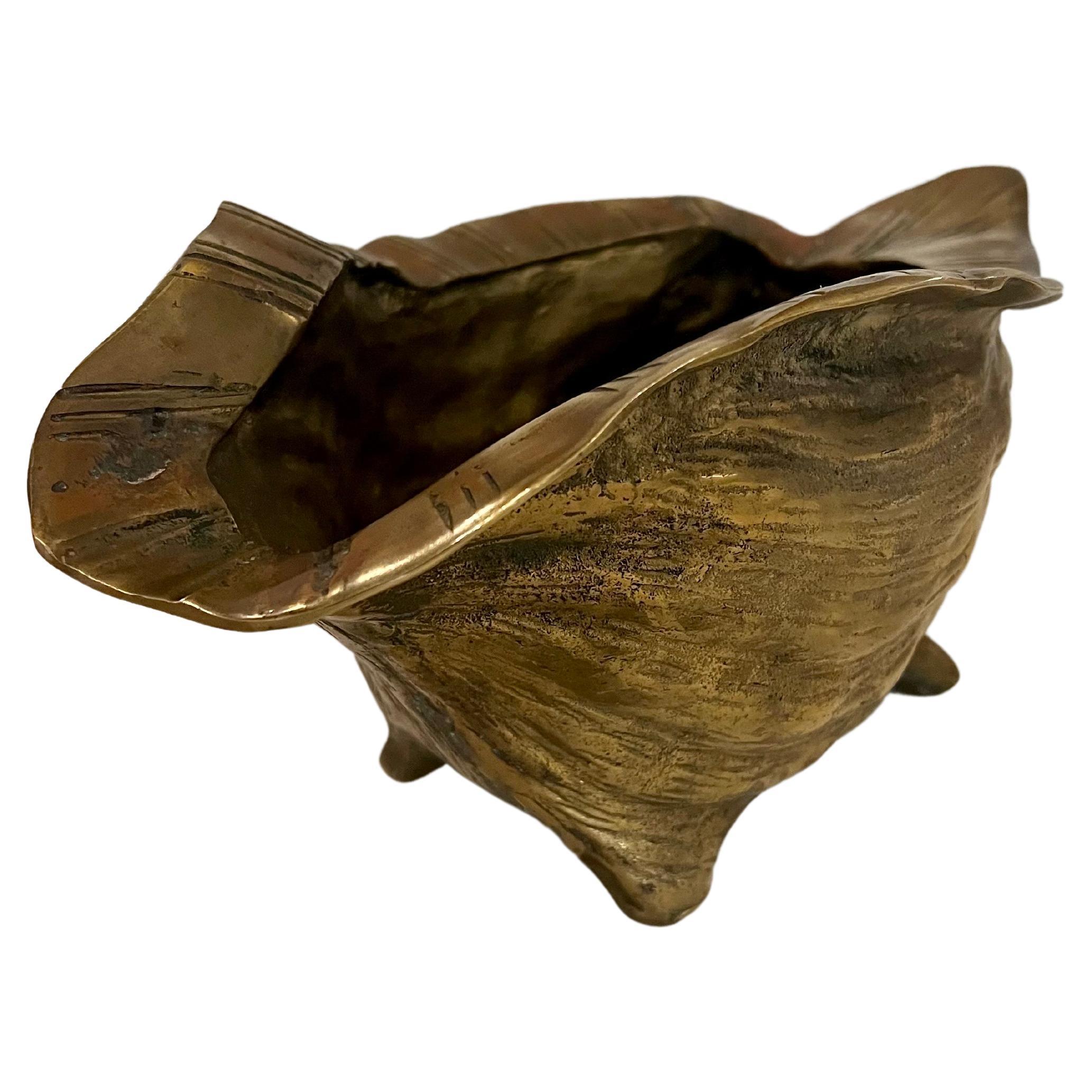 Hollywood Regency Solid Patinated Brass Seashell Conch Catch It All / Planter For Sale