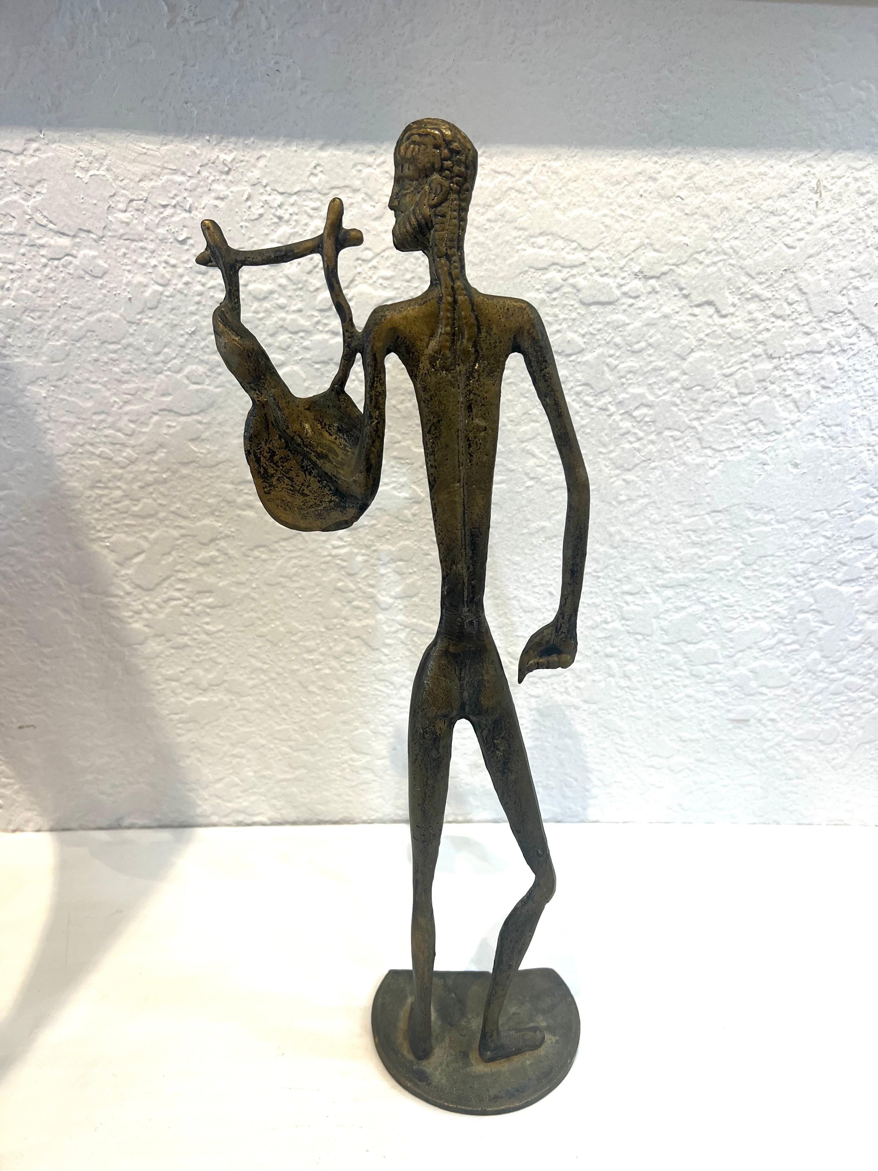 Solid Patinated Bronze Sculpture Statue Nude Male Greek Orpheus In Good Condition For Sale In San Diego, CA