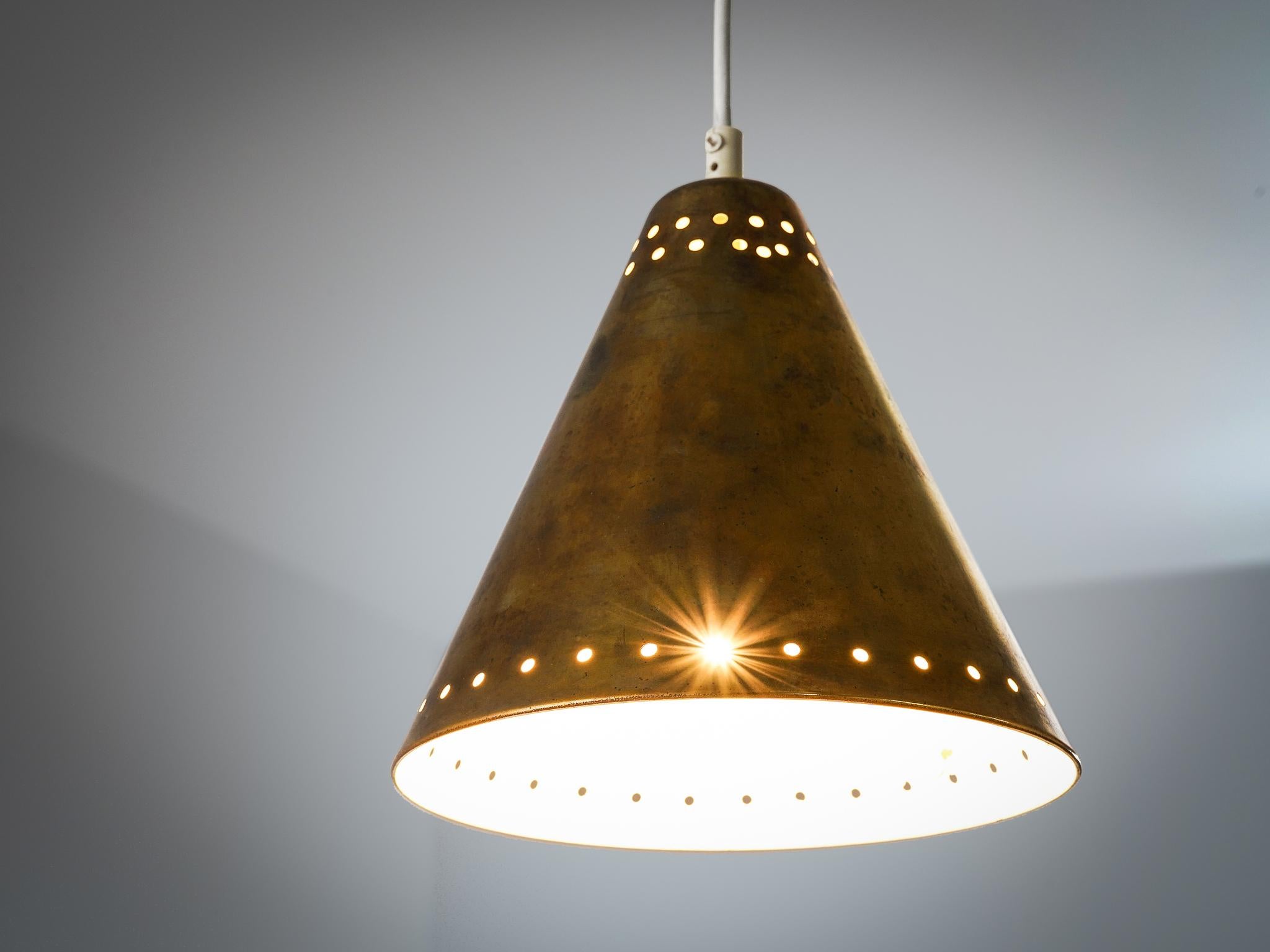 Mid-Century Modern Solid Pendant with Perforated Lampshade in Brass