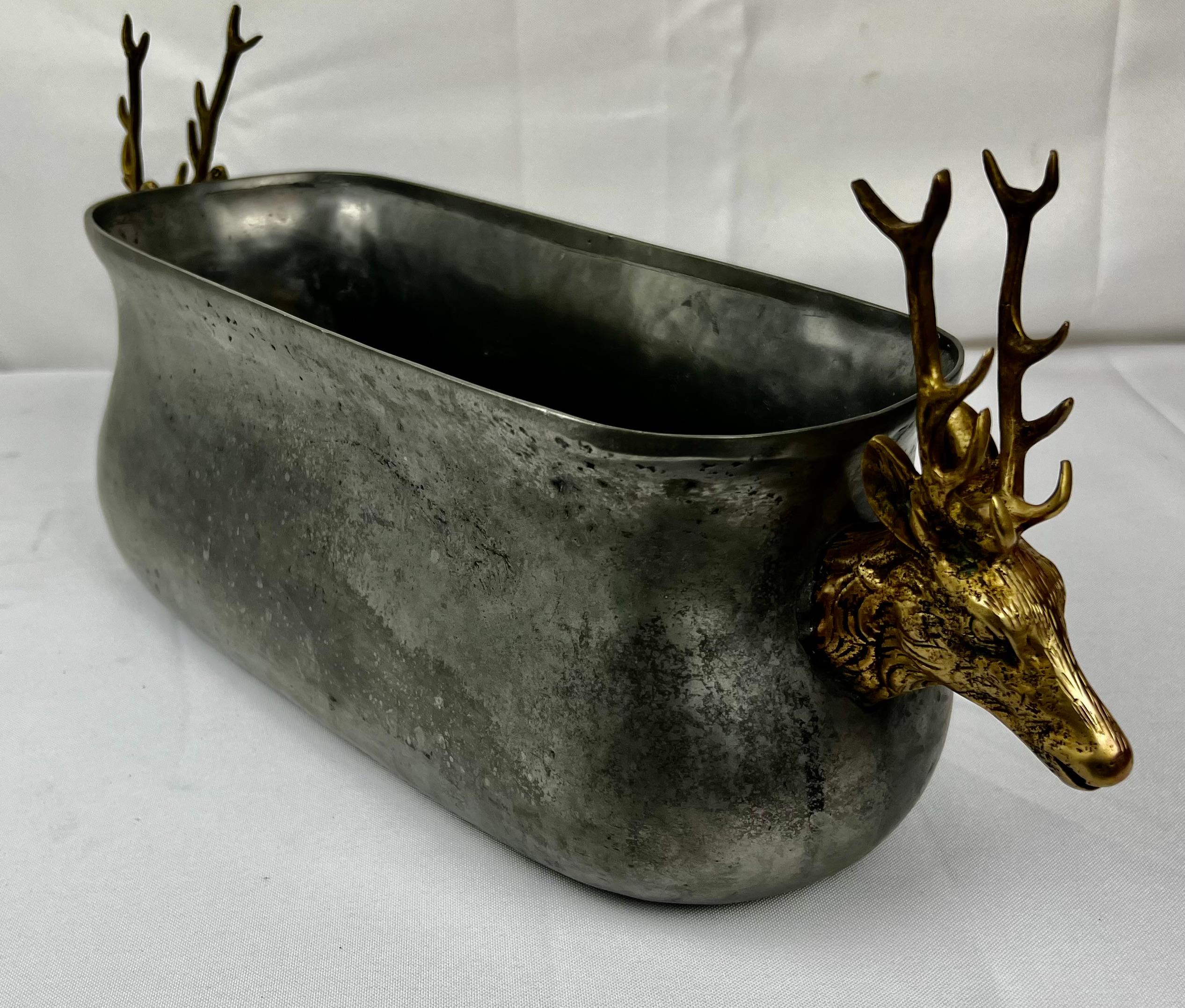 Solid Pewter Container with Brass Stag Head Handles 3