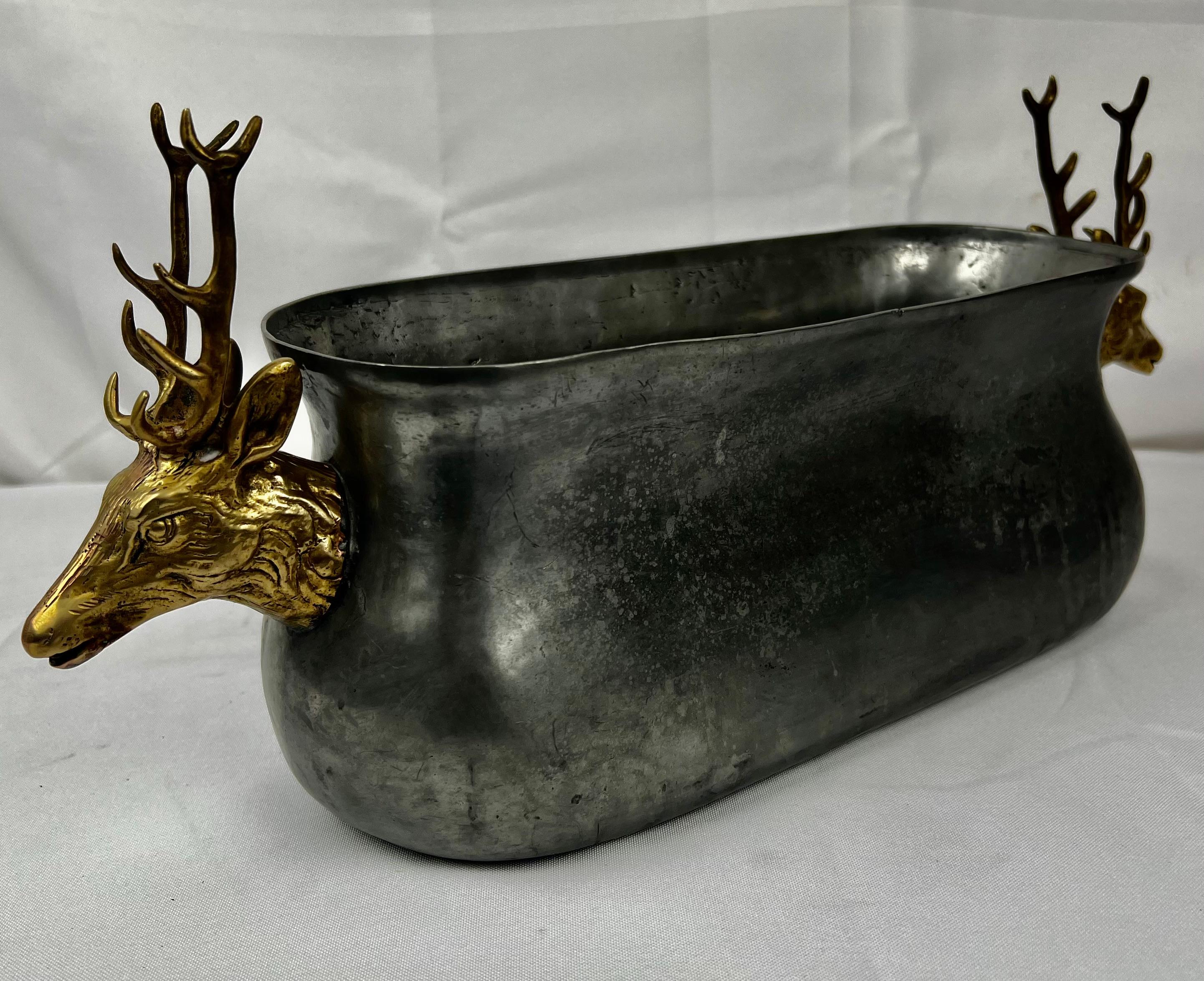 Solid Pewter Container with Brass Stag Head Handles 4