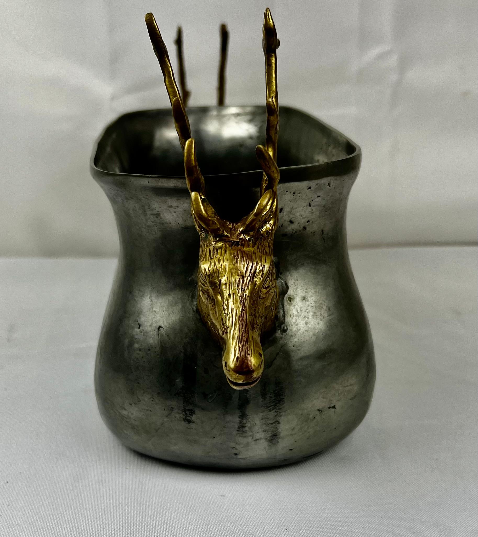 Adirondack Solid Pewter Container with Brass Stag Head Handles