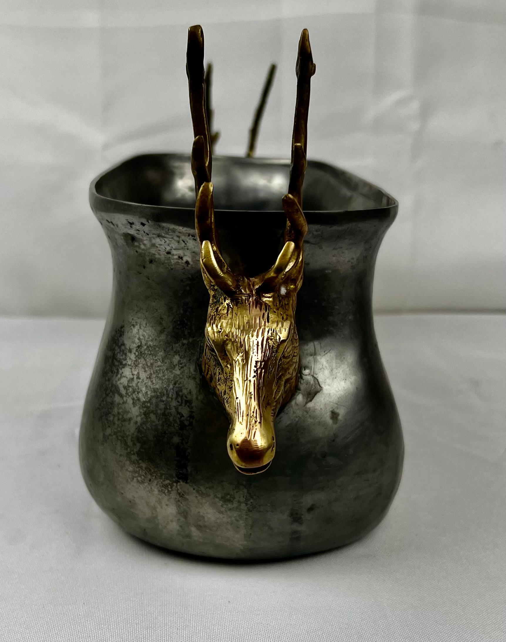 Portuguese Solid Pewter Container with Brass Stag Head Handles