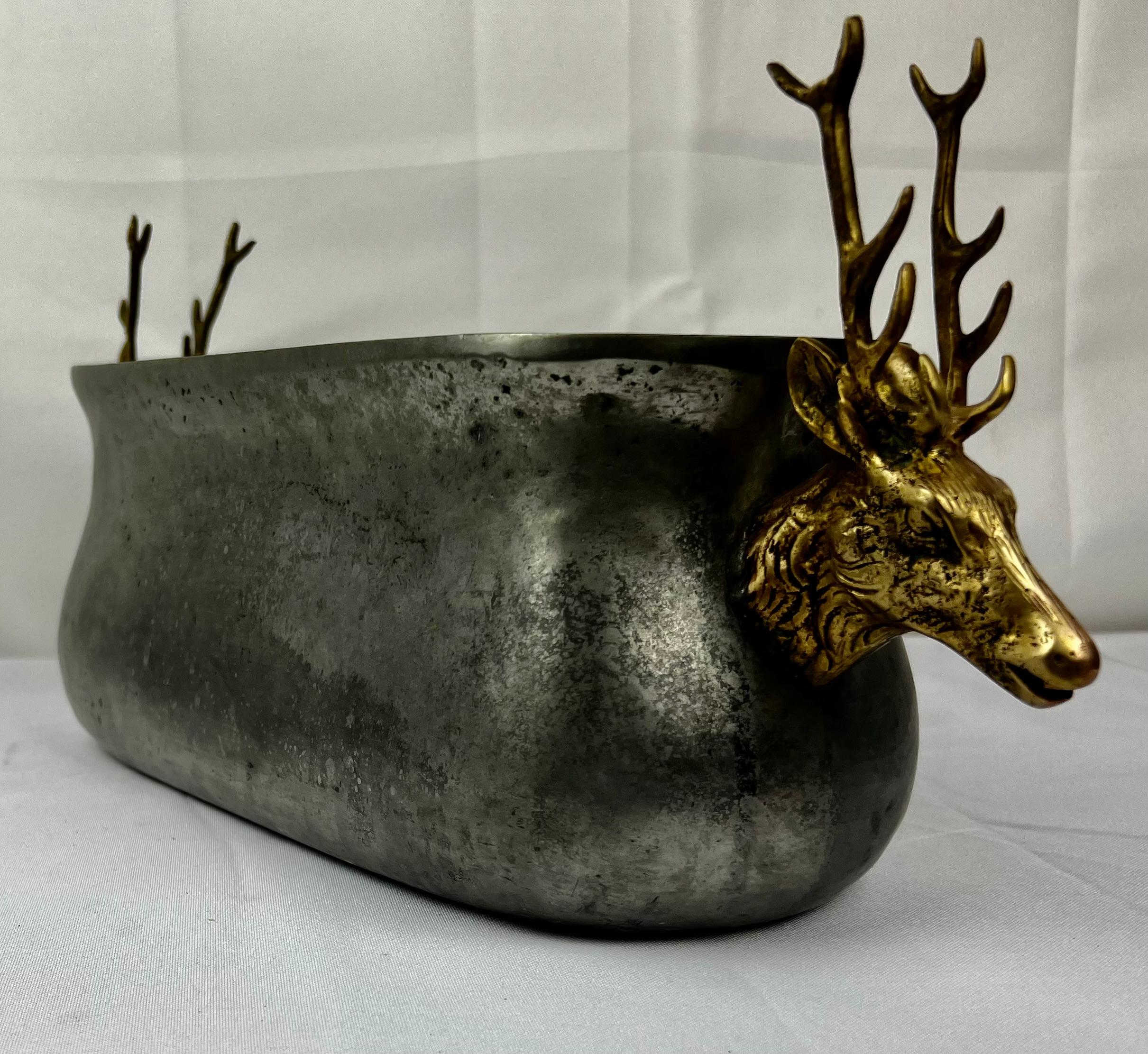 20th Century Solid Pewter Container with Brass Stag Head Handles