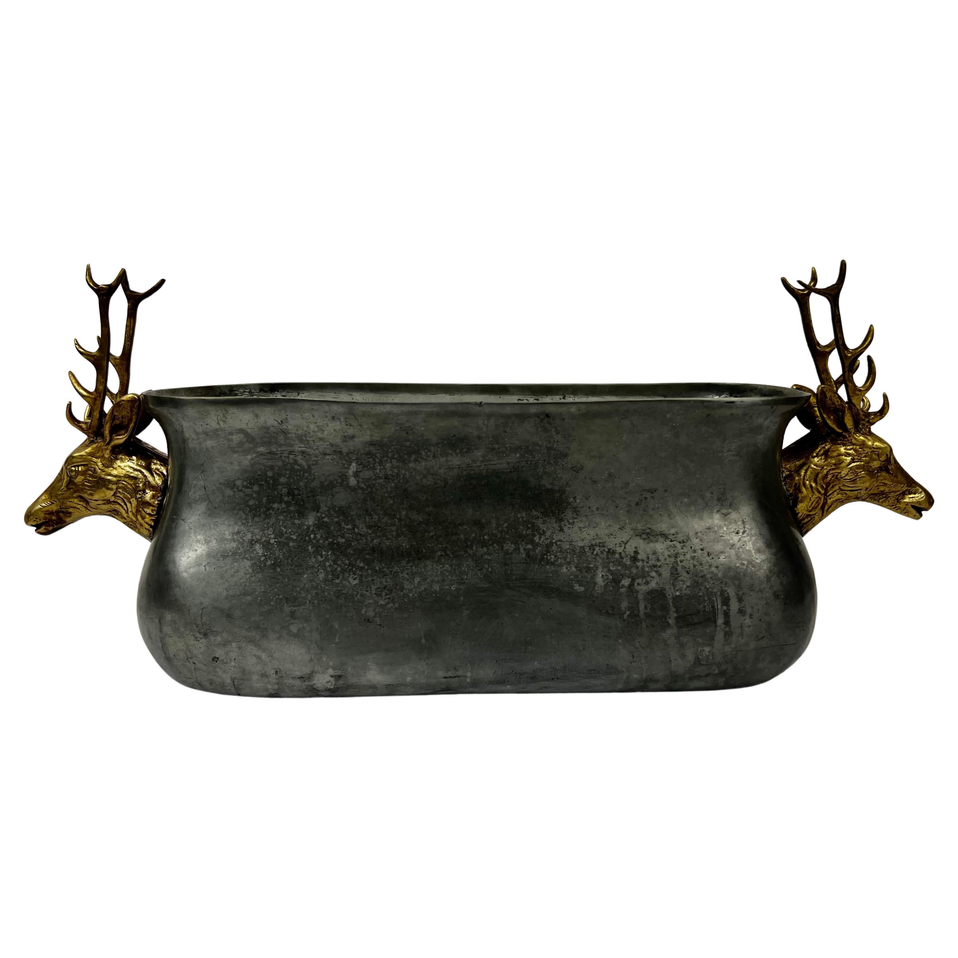 Solid Pewter Container with Brass Stag Head Handles