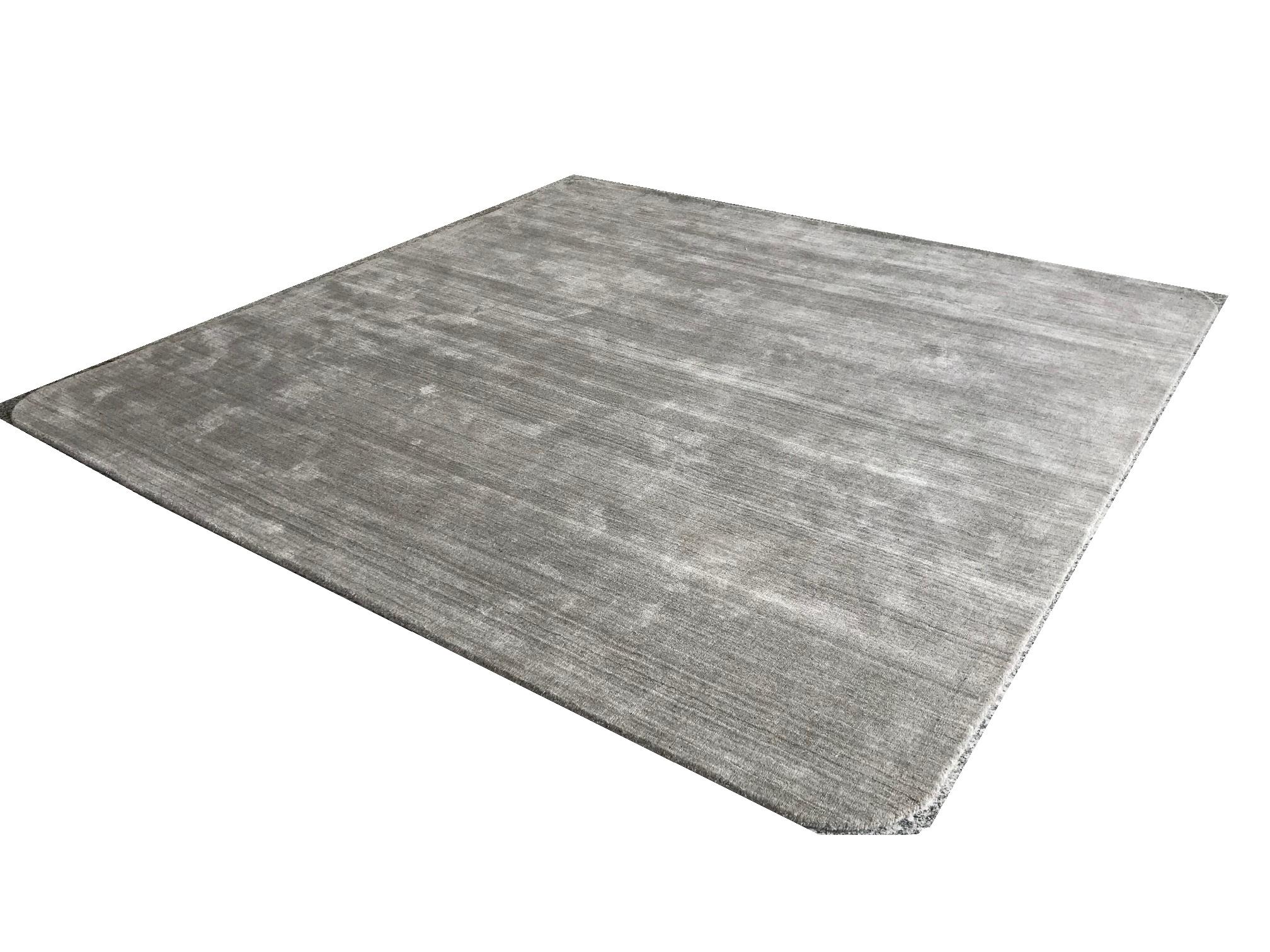 Indian Solid Pewter Gray Hand-Loomed Bamboo Silk Neutral Rug Custom Size Rug For Sale