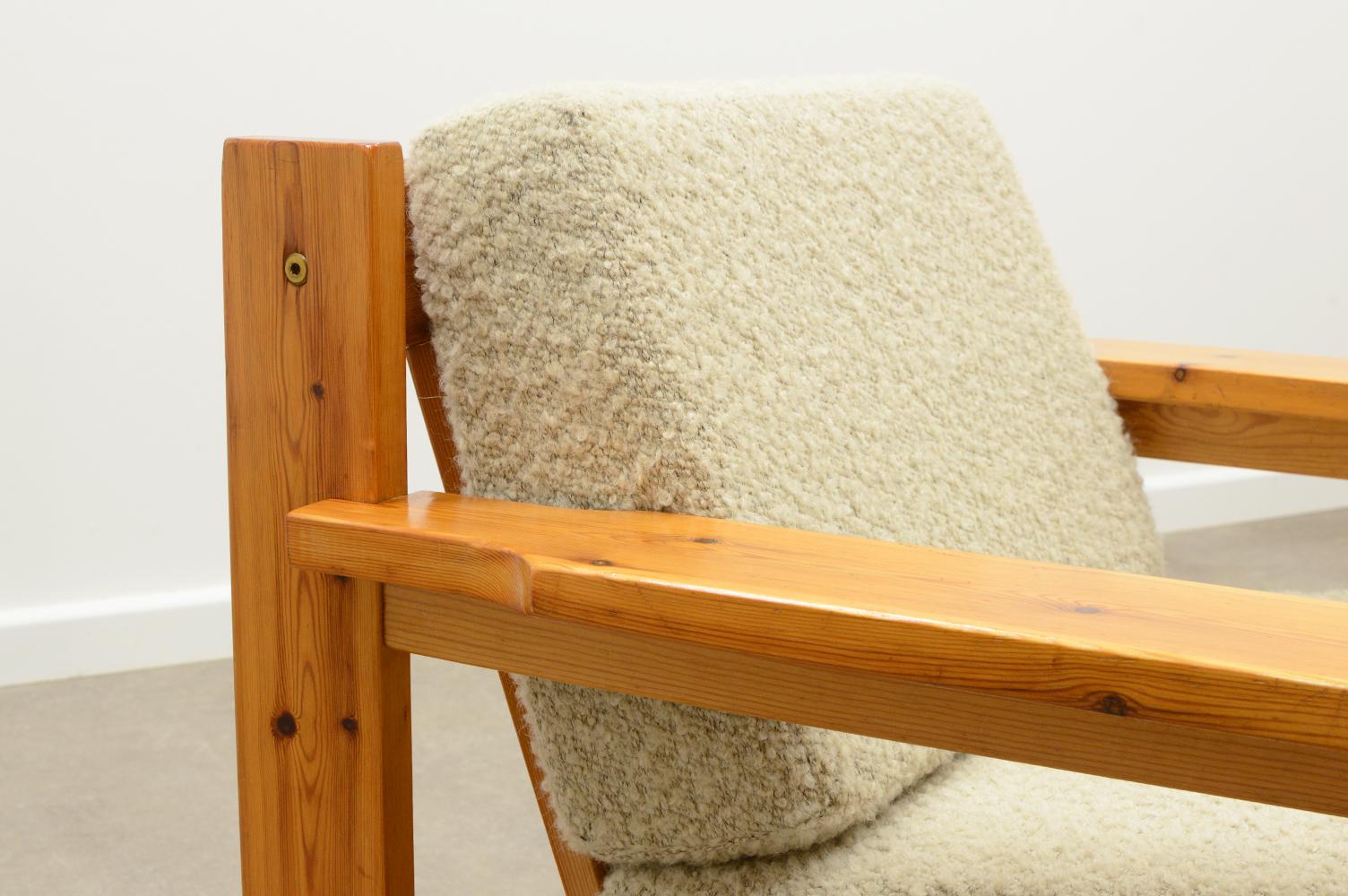 20th Century Solid Pine and Bouclé Lounge Chair, 70s