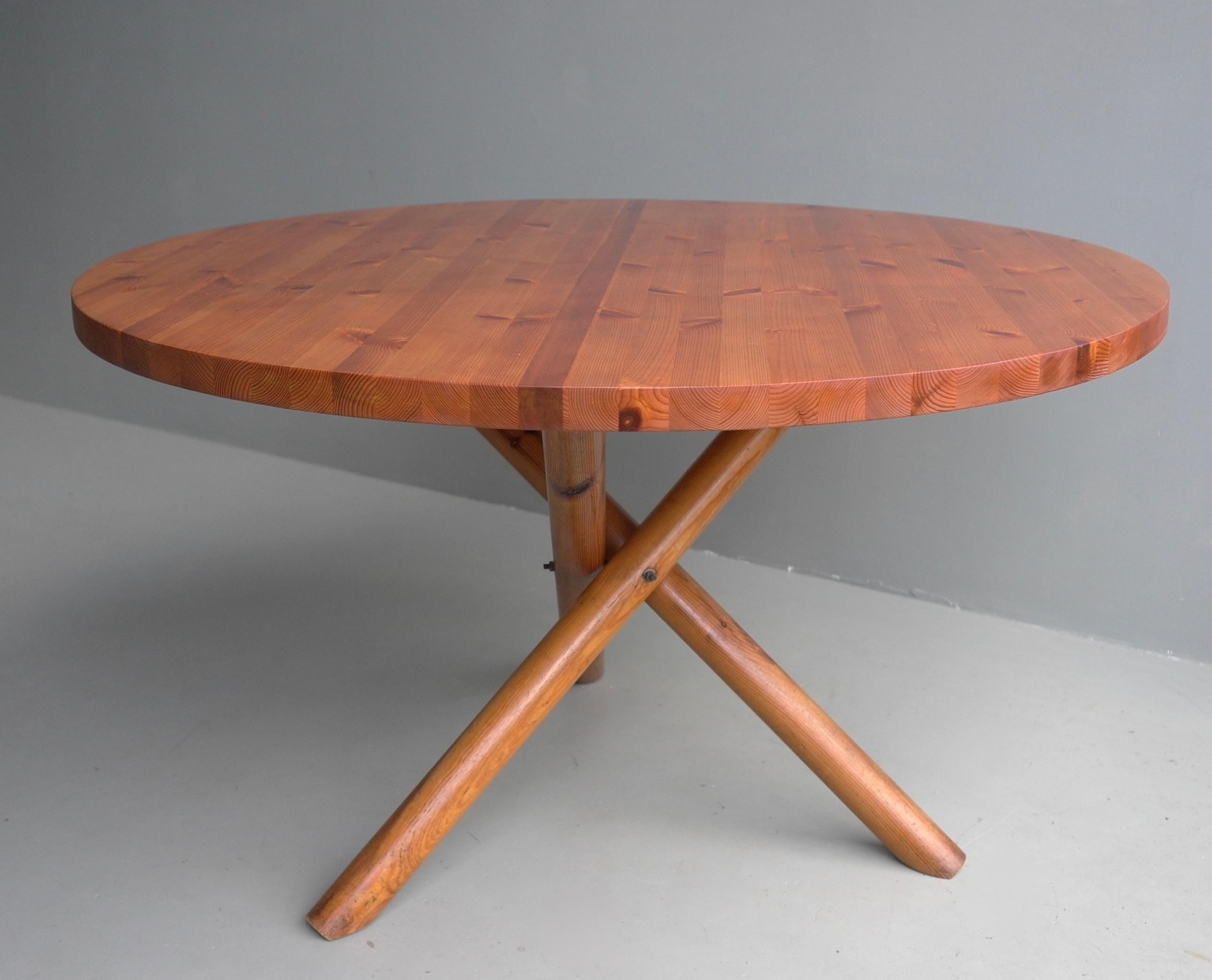 Solid pine cross based round table in style of Pierre Chapo, France 1960s.