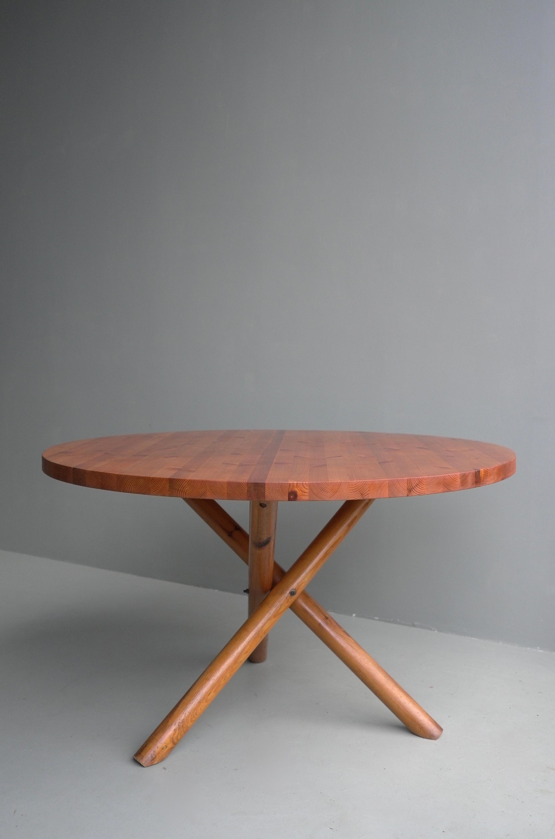 French Solid Pine Cross Based Round Table in Style of Pierre Chapo, France 1960s