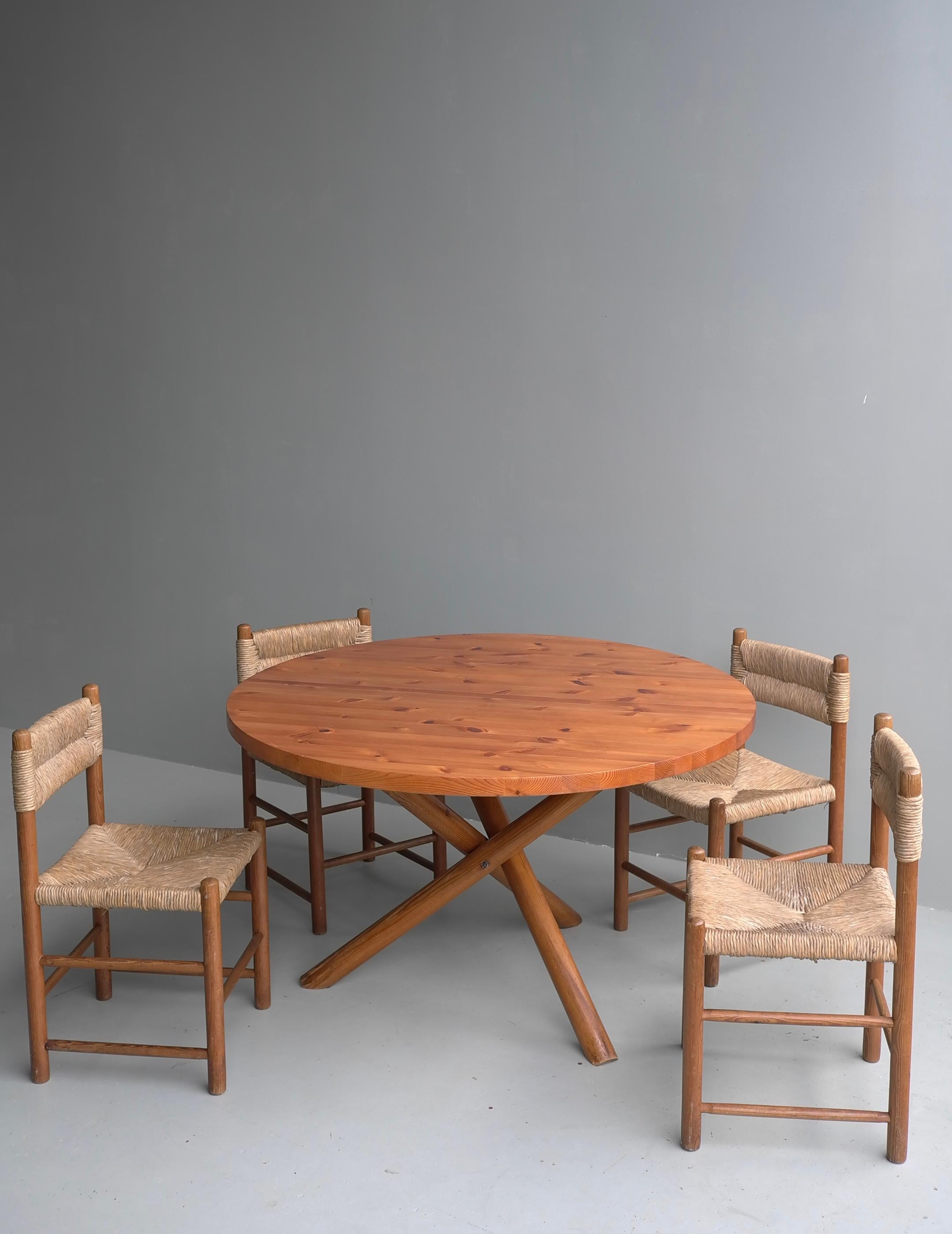 Solid Pine Cross Based Round Table in Style of Pierre Chapo, France 1960s 1