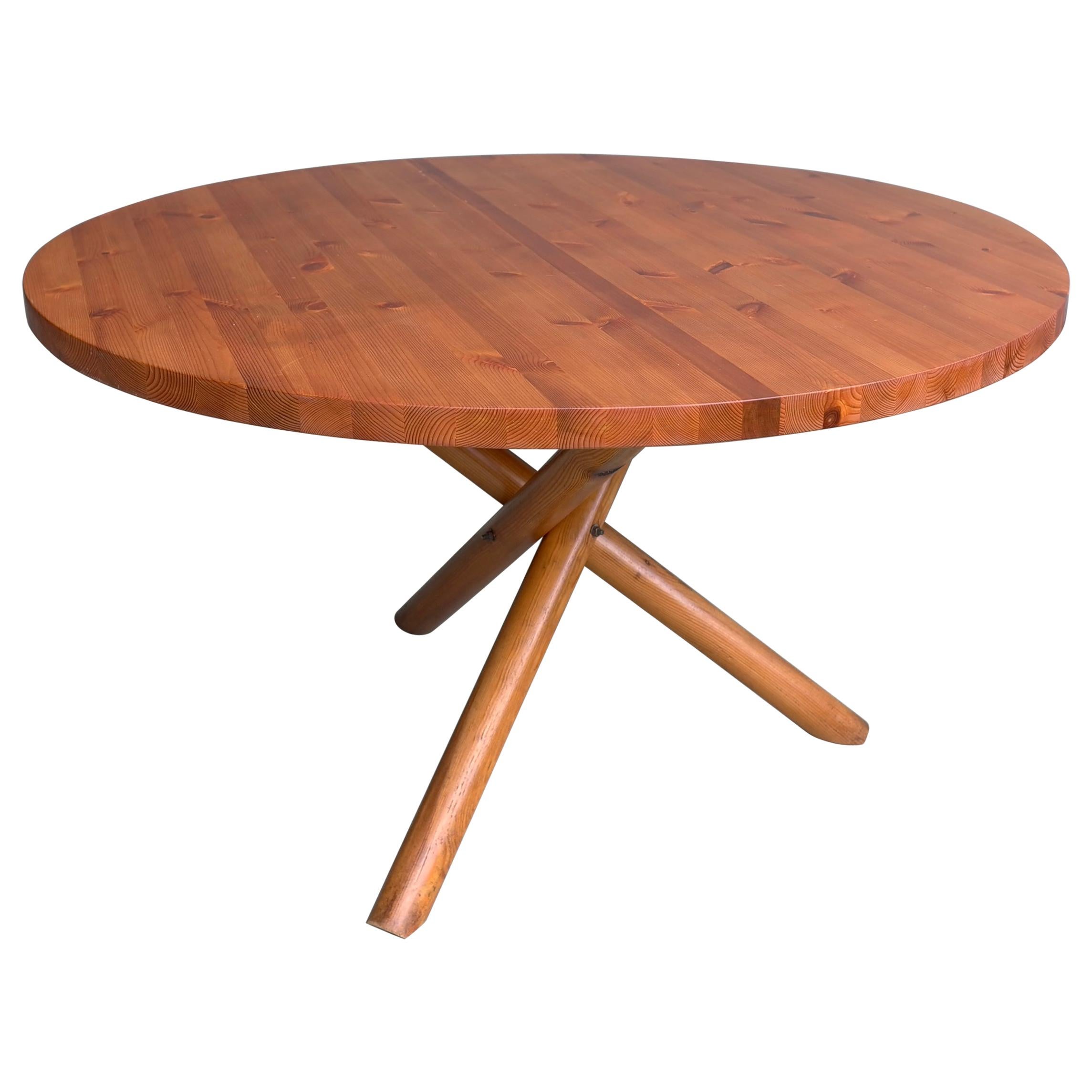 Solid Pine Cross Based Round Table in Style of Pierre Chapo, France 1960s