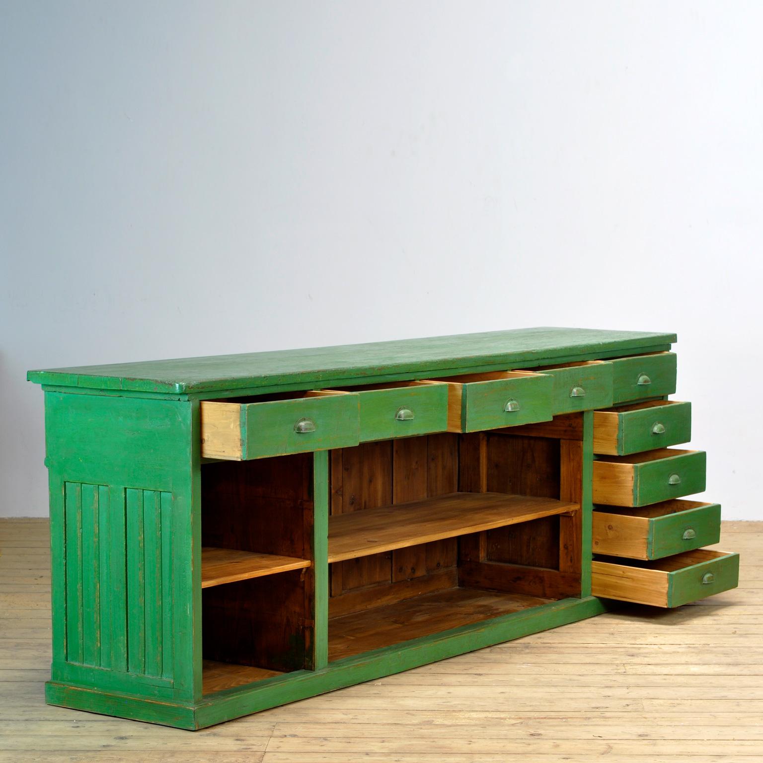 Solid Pine French Shop Counter with 9 Drawers, 1920's 11