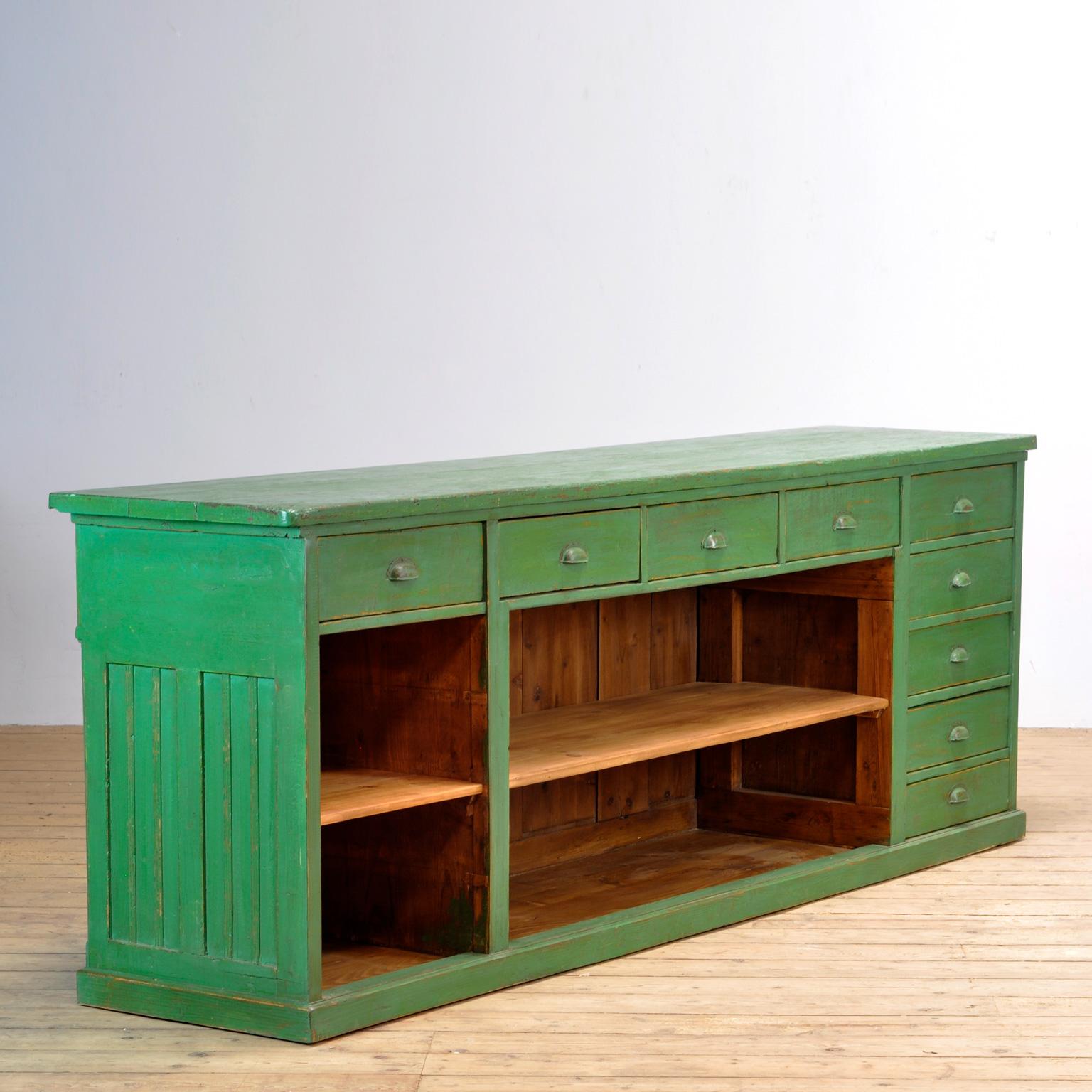 Industrial Solid Pine French Shop Counter with 9 Drawers, 1920's