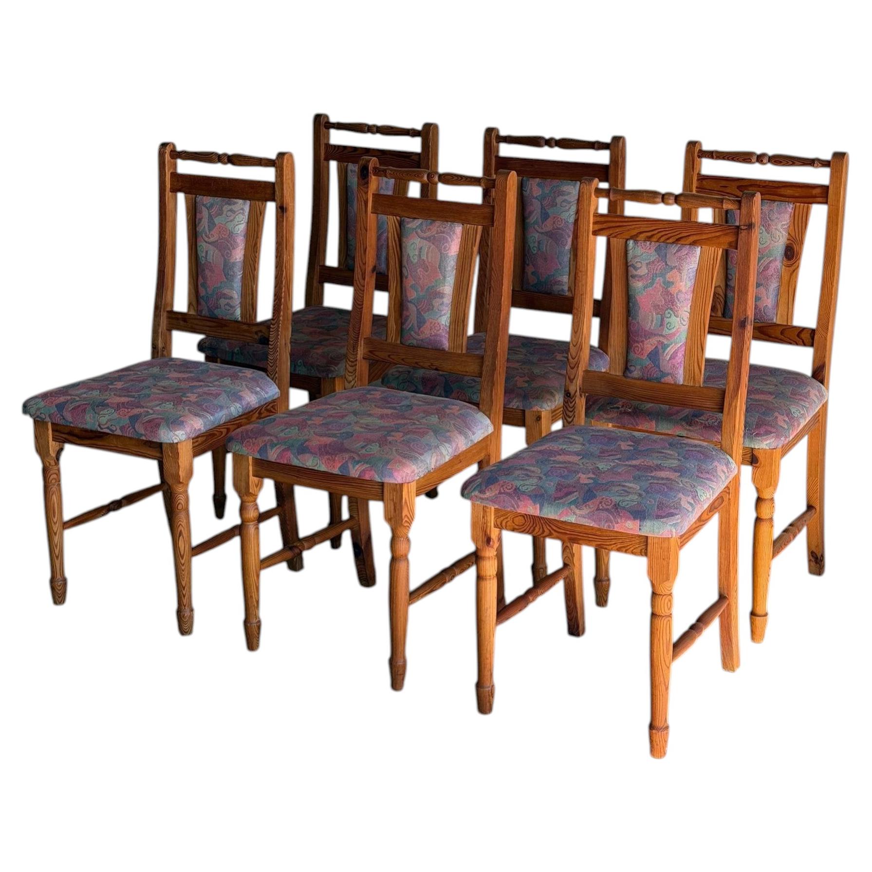 Solid Pine High-Back Upholstered Dining Chairs Set of 6 Vintage 1980s For Sale