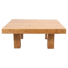 Solid Pine Wood Brutalist Square Coffee Table, 1970, The Netherlands