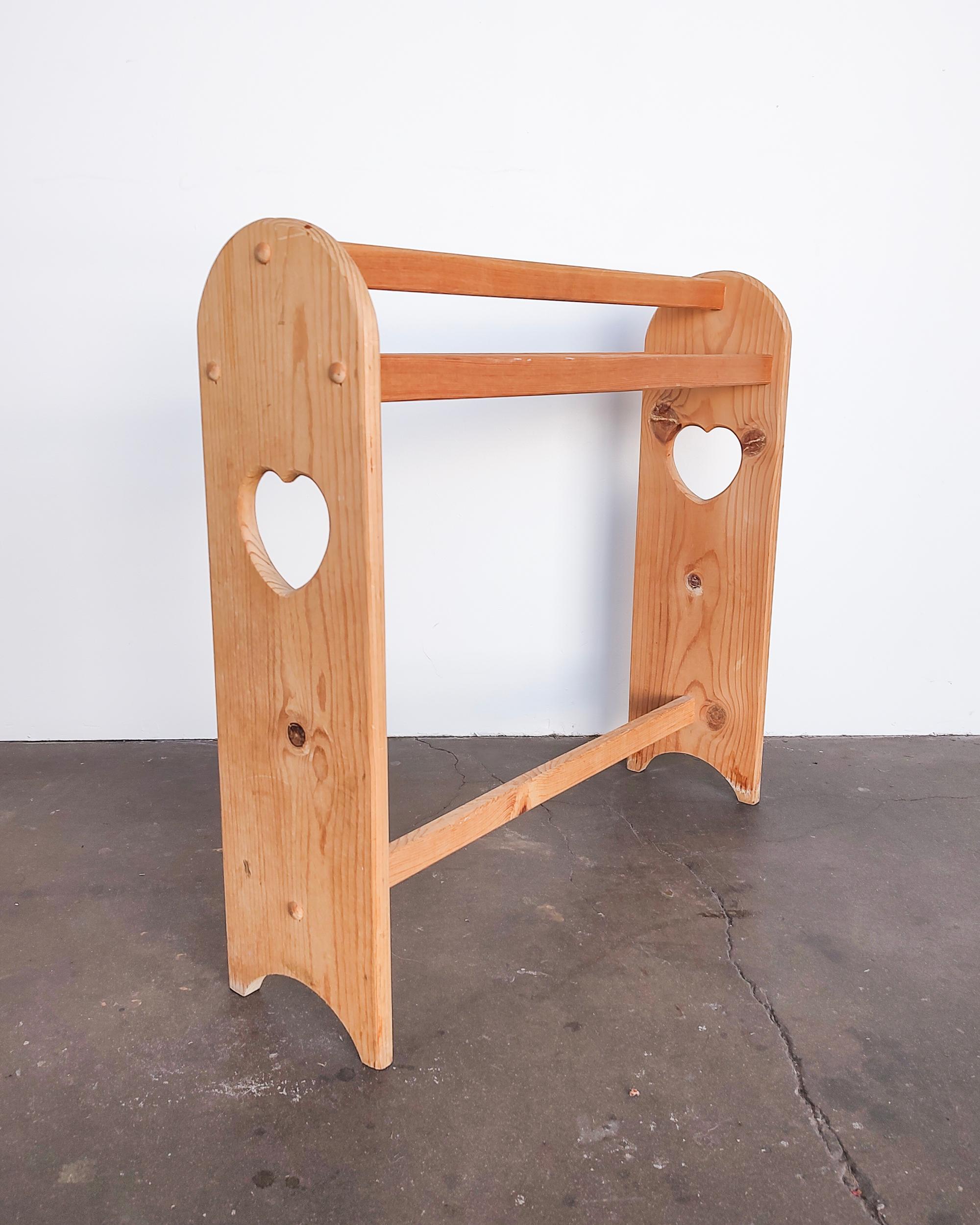 Mid-Century Modern Solid Pine Wood Quilt Rack with Heart Cutouts