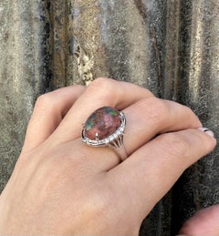 Solid Platinum 12.21ctw Oval Cabochon Matrix Fire Opal w/ Diamond Target Ring