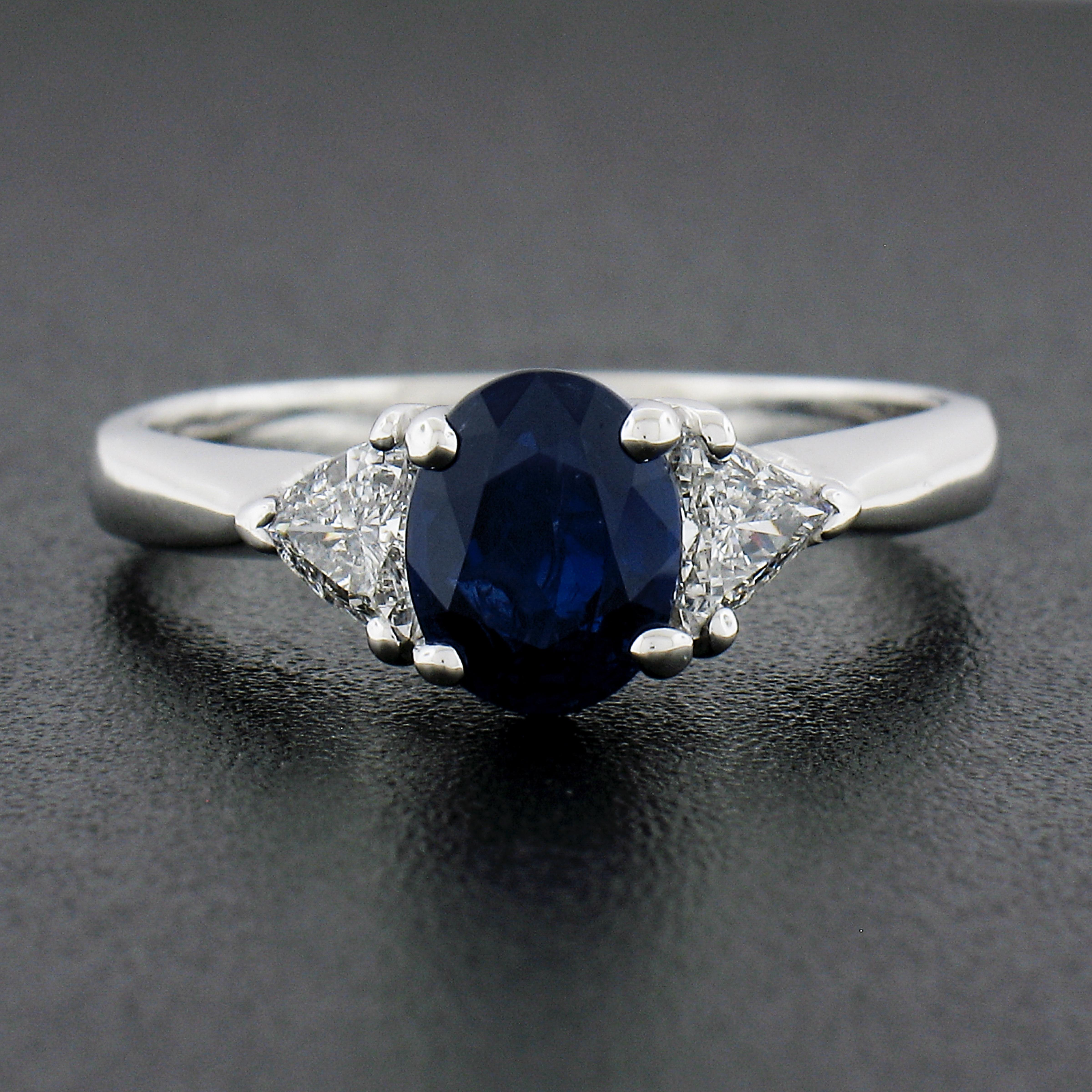 Oval Cut Solid Platinum 1.49ctw GIA No Heat Oval Blue Sapphire & Trillion Diamond Ring For Sale
