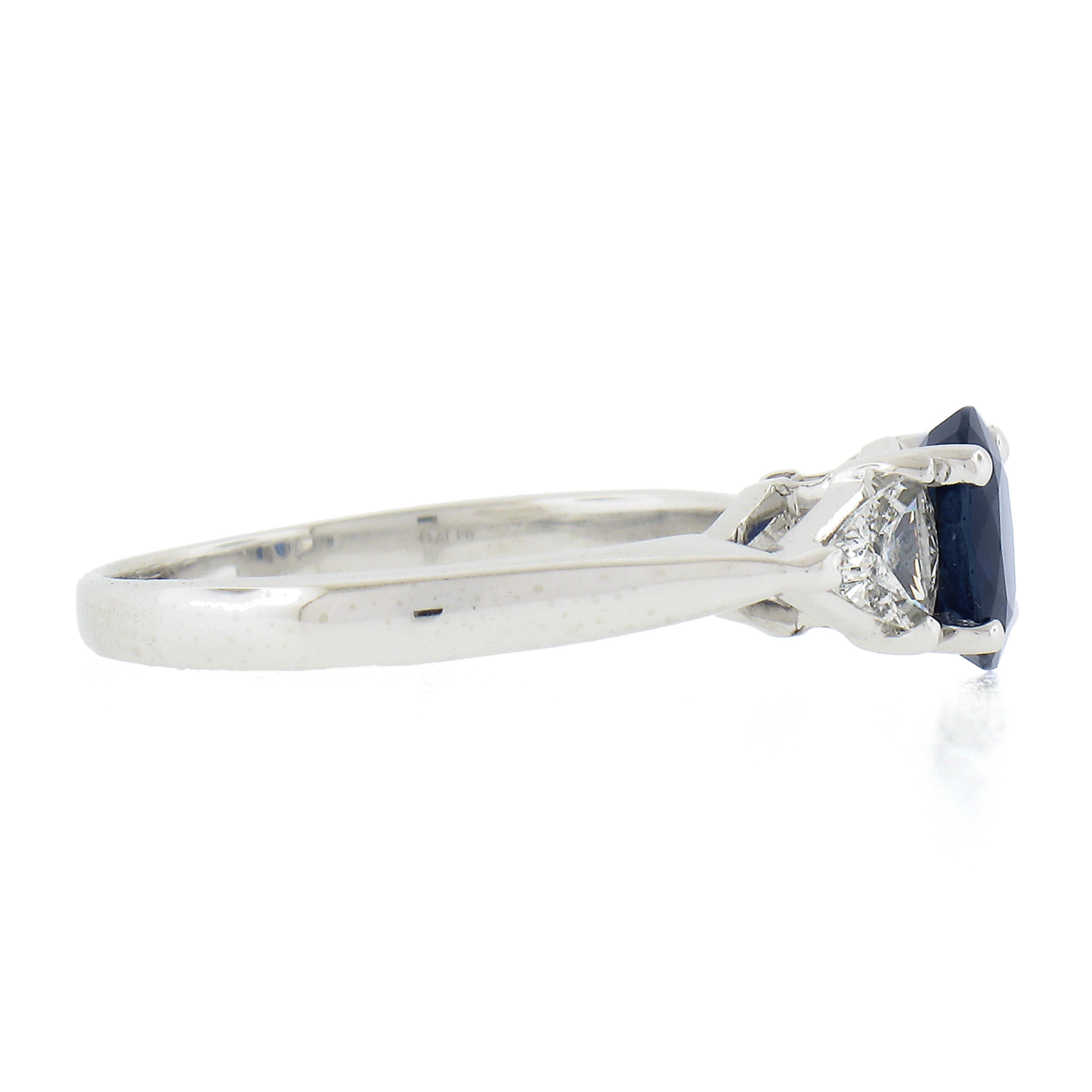 Women's Solid Platinum 1.49ctw GIA No Heat Oval Blue Sapphire & Trillion Diamond Ring For Sale