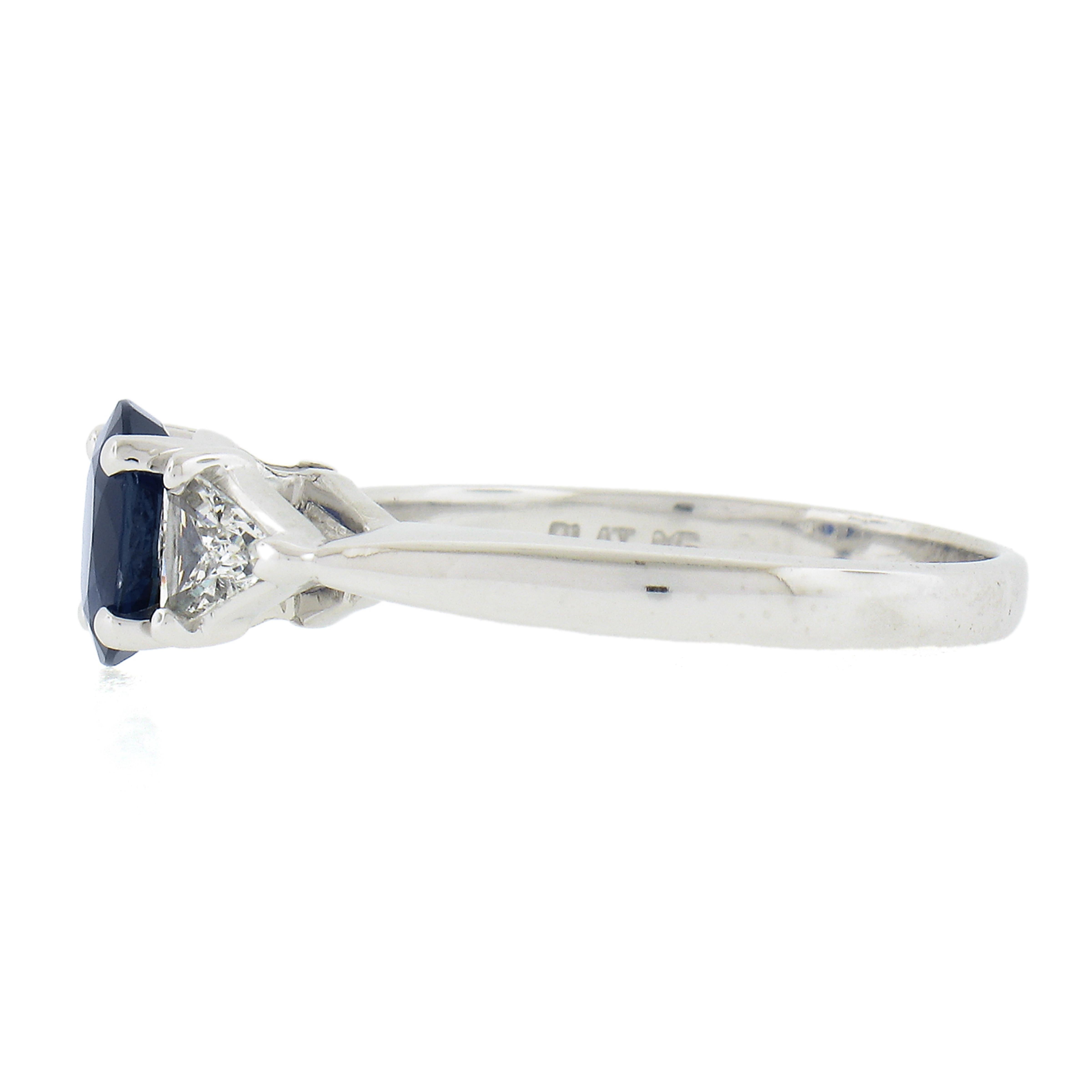 Solid Platinum 1.49ctw GIA No Heat Oval Blue Sapphire & Trillion Diamond Ring For Sale 1