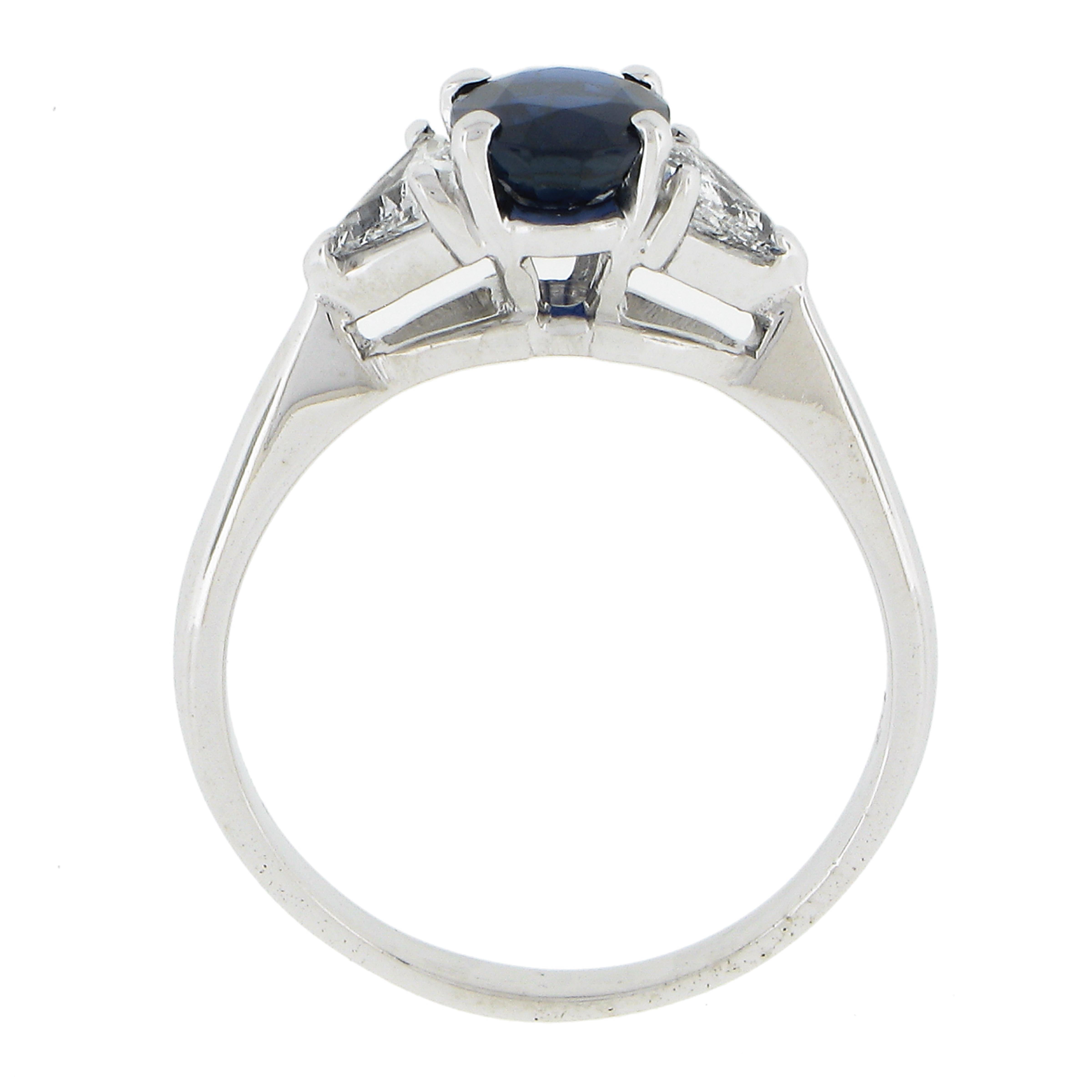 Solid Platinum 1.49ctw GIA No Heat Oval Blue Sapphire & Trillion Diamond Ring For Sale 3