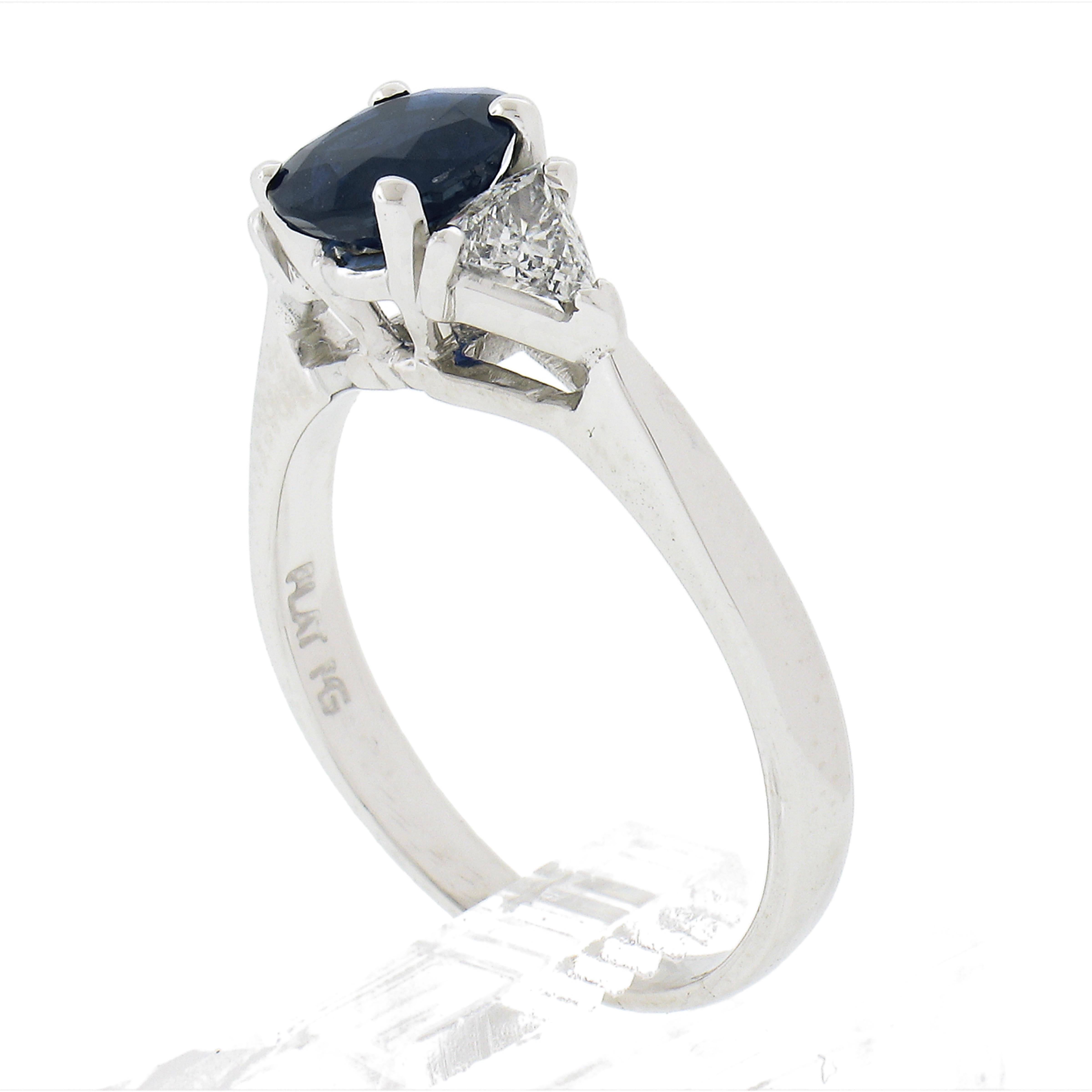 Solid Platinum 1.49ctw GIA No Heat Oval Blue Sapphire & Trillion Diamond Ring For Sale 4