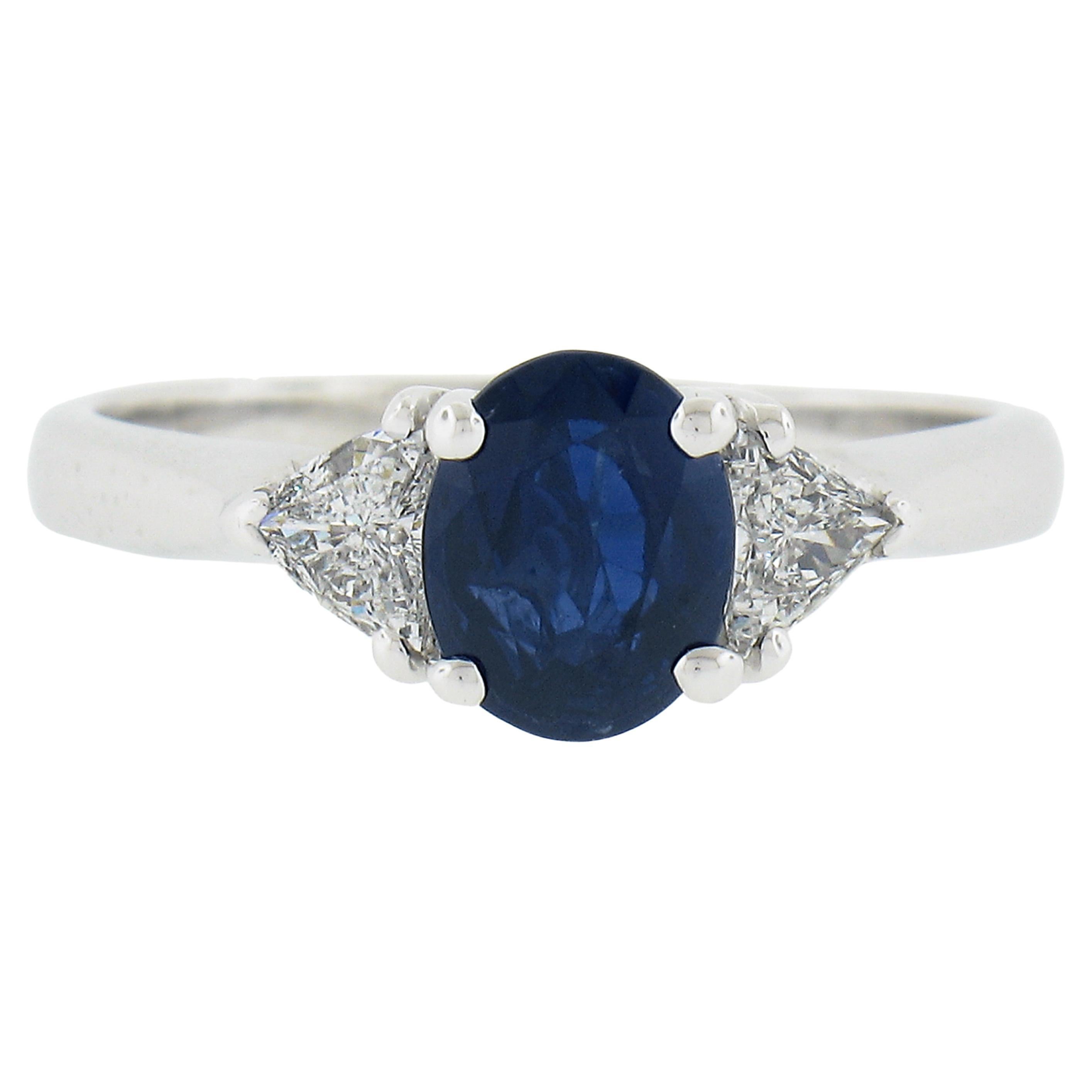 Solid Platinum 1.49ctw GIA No Heat Oval Blue Sapphire & Trillion Diamond Ring For Sale