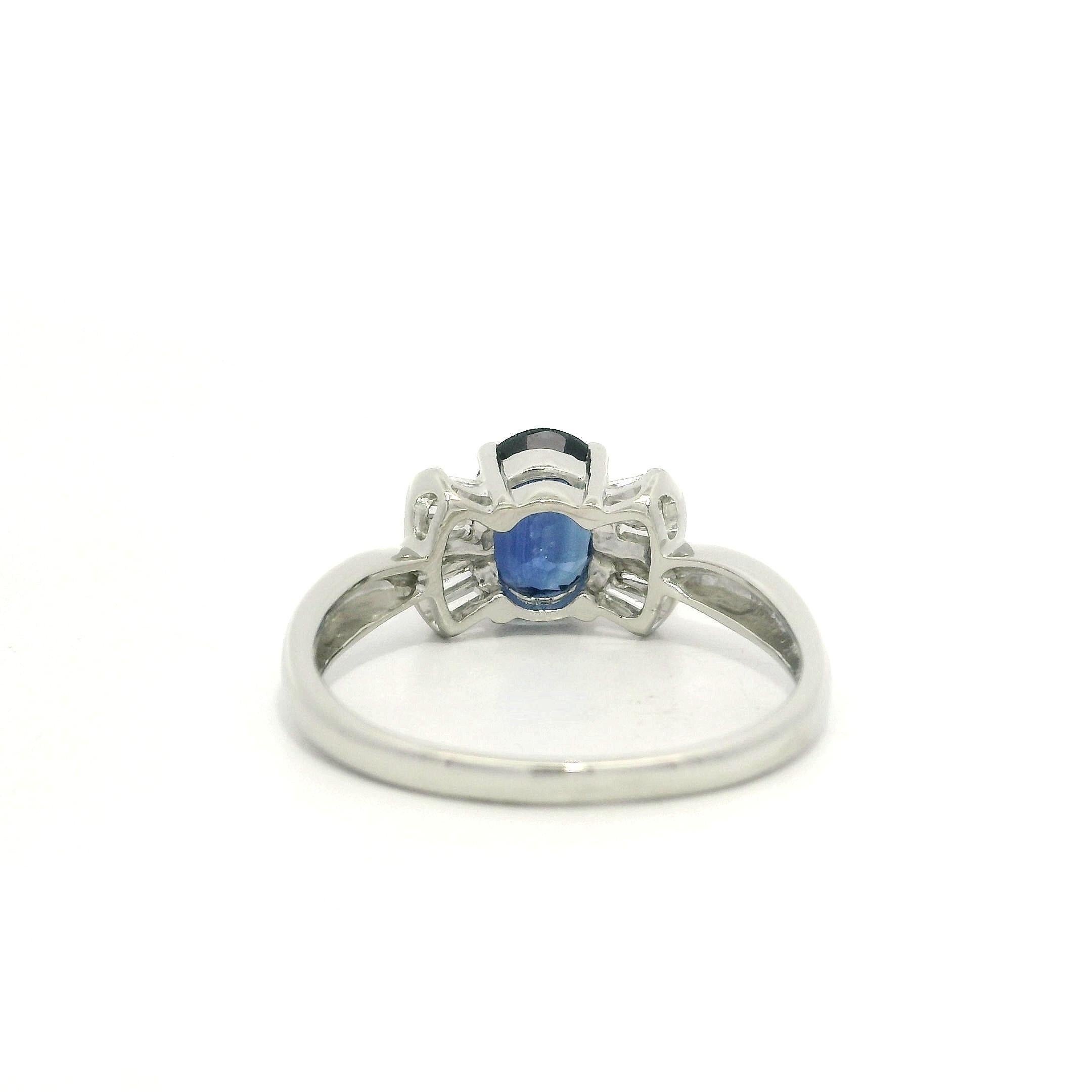 Solide Platin 1,57ctw Oval Saphir w / Baguette Diamant Seiten Bogen Stil Ring Damen im Angebot