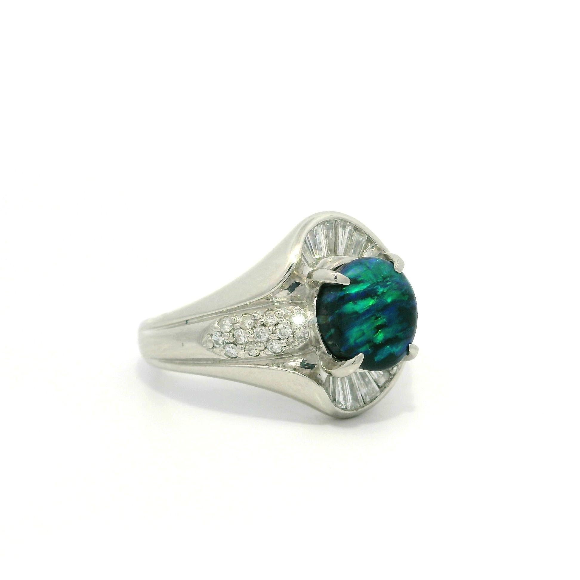 Solid Platinum 2.04ctw Blue Green Black Opal & Baguette Diamond Statement Ring For Sale 5