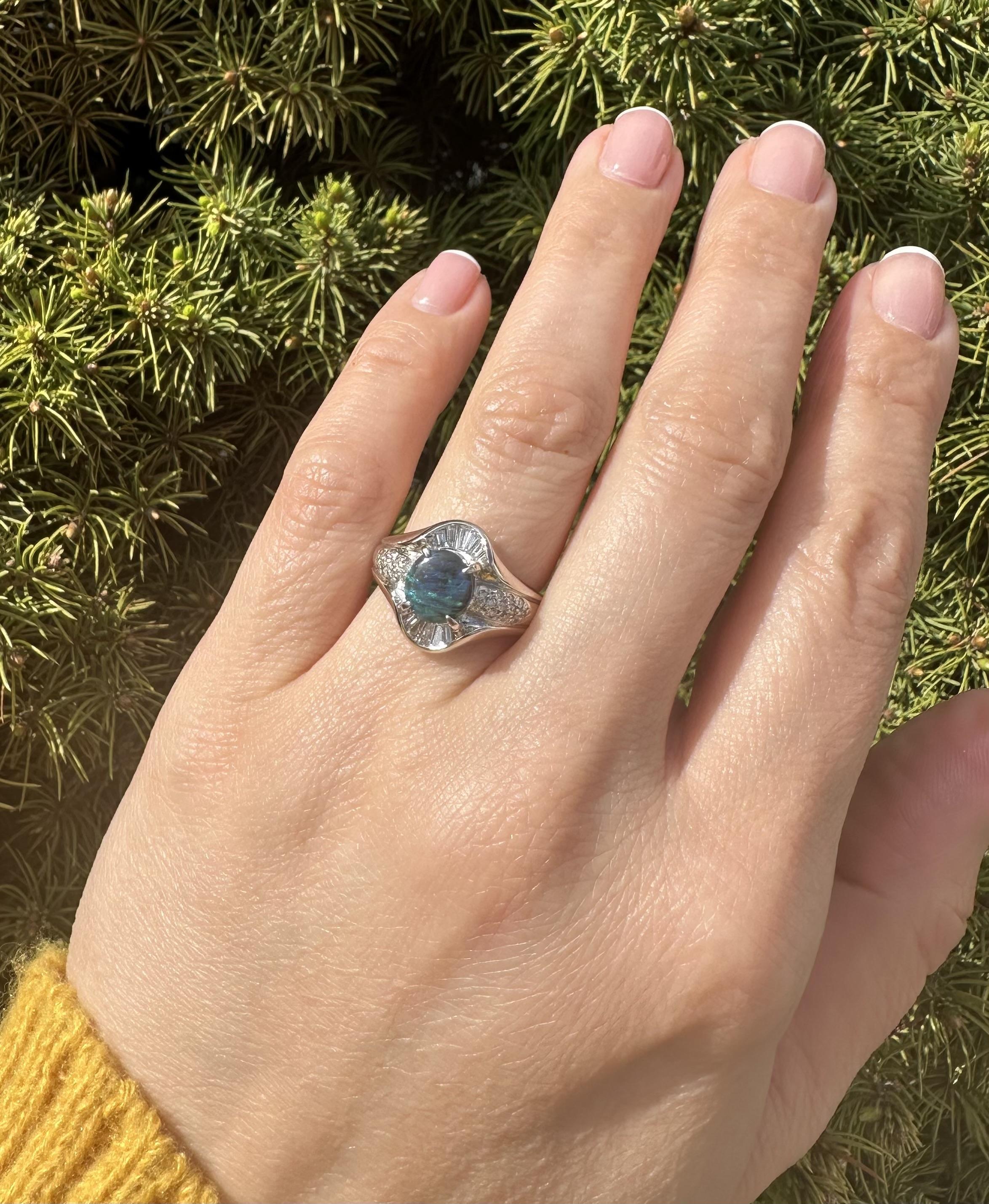 Solid Platinum 2.04ctw Blue Green Black Opal & Baguette Diamond Statement Ring For Sale 6