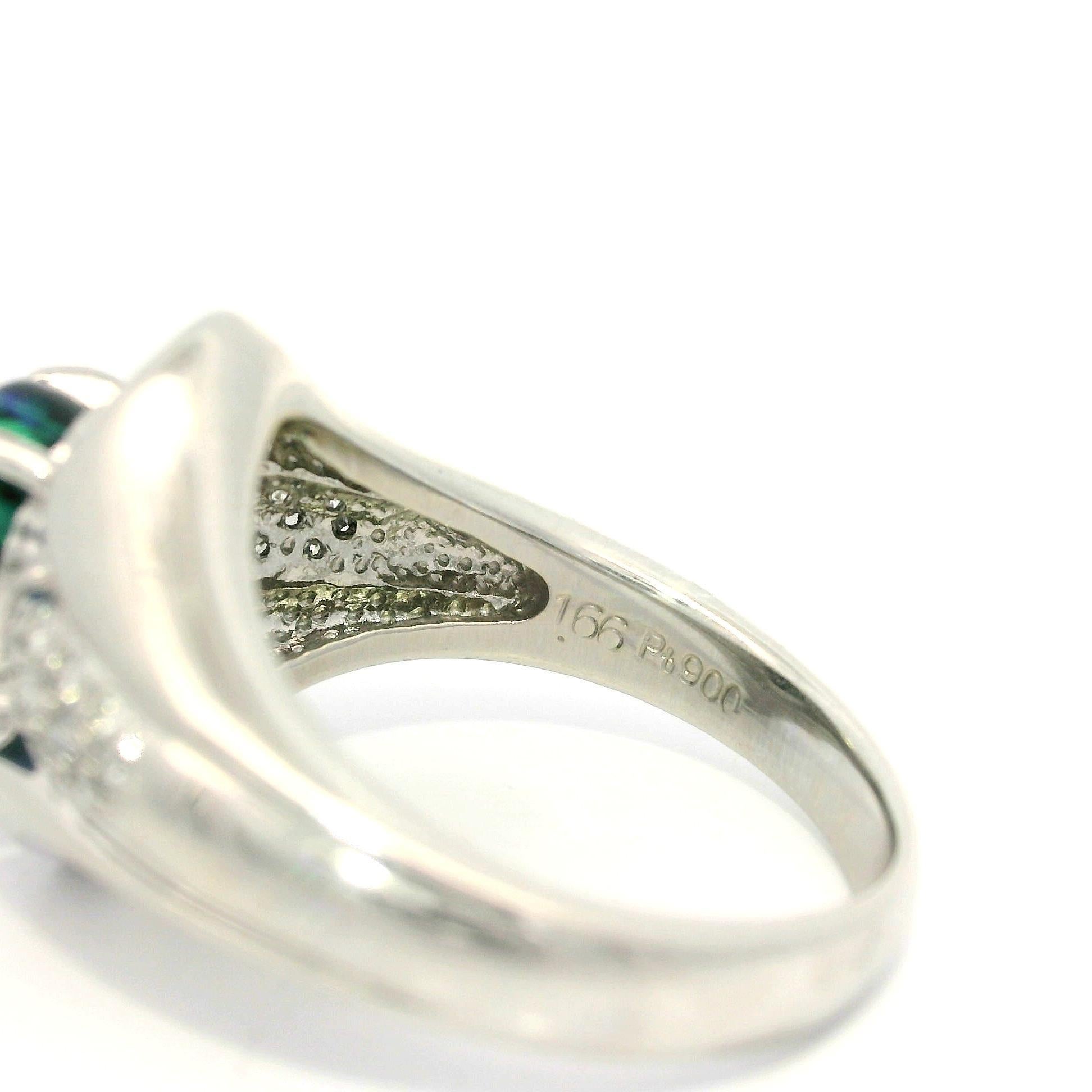 Cabochon Solid Platinum 2.04ctw Blue Green Black Opal & Baguette Diamond Statement Ring For Sale