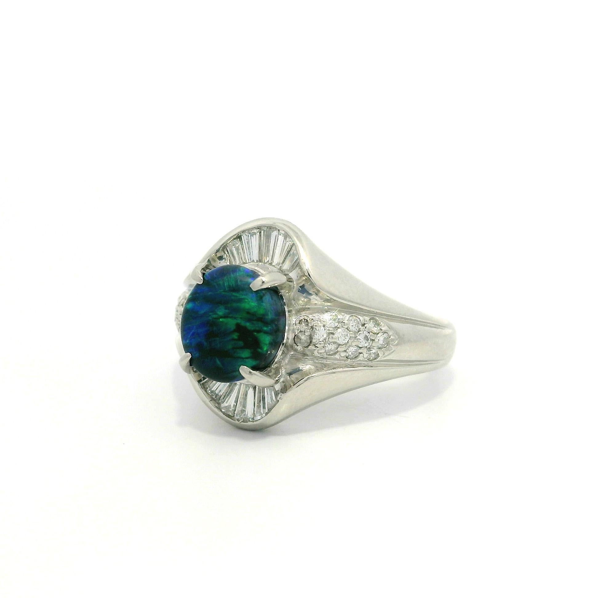 Solid Platinum 2.04ctw Blue Green Black Opal & Baguette Diamond Statement Ring In Excellent Condition For Sale In Montclair, NJ