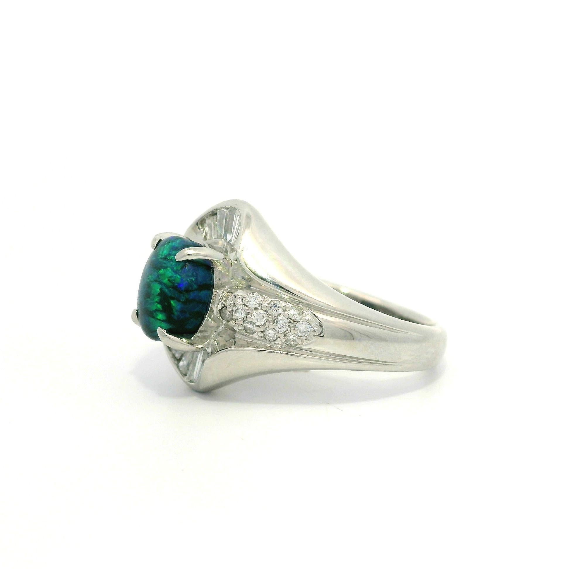 Women's Solid Platinum 2.04ctw Blue Green Black Opal & Baguette Diamond Statement Ring For Sale