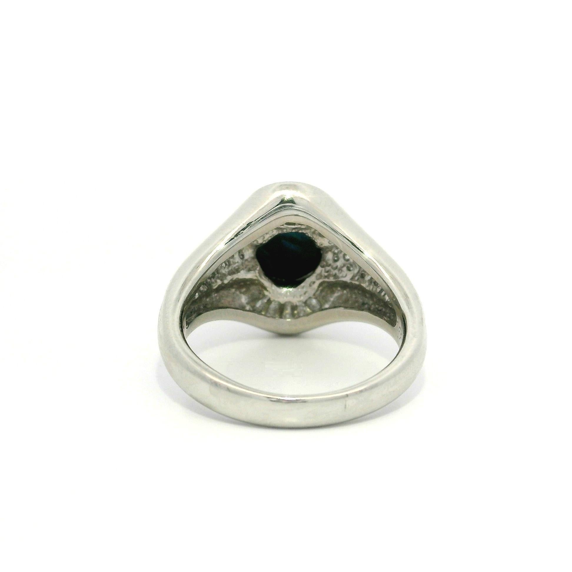 Solid Platinum 2.04ctw Blue Green Black Opal & Baguette Diamond Statement Ring For Sale 1