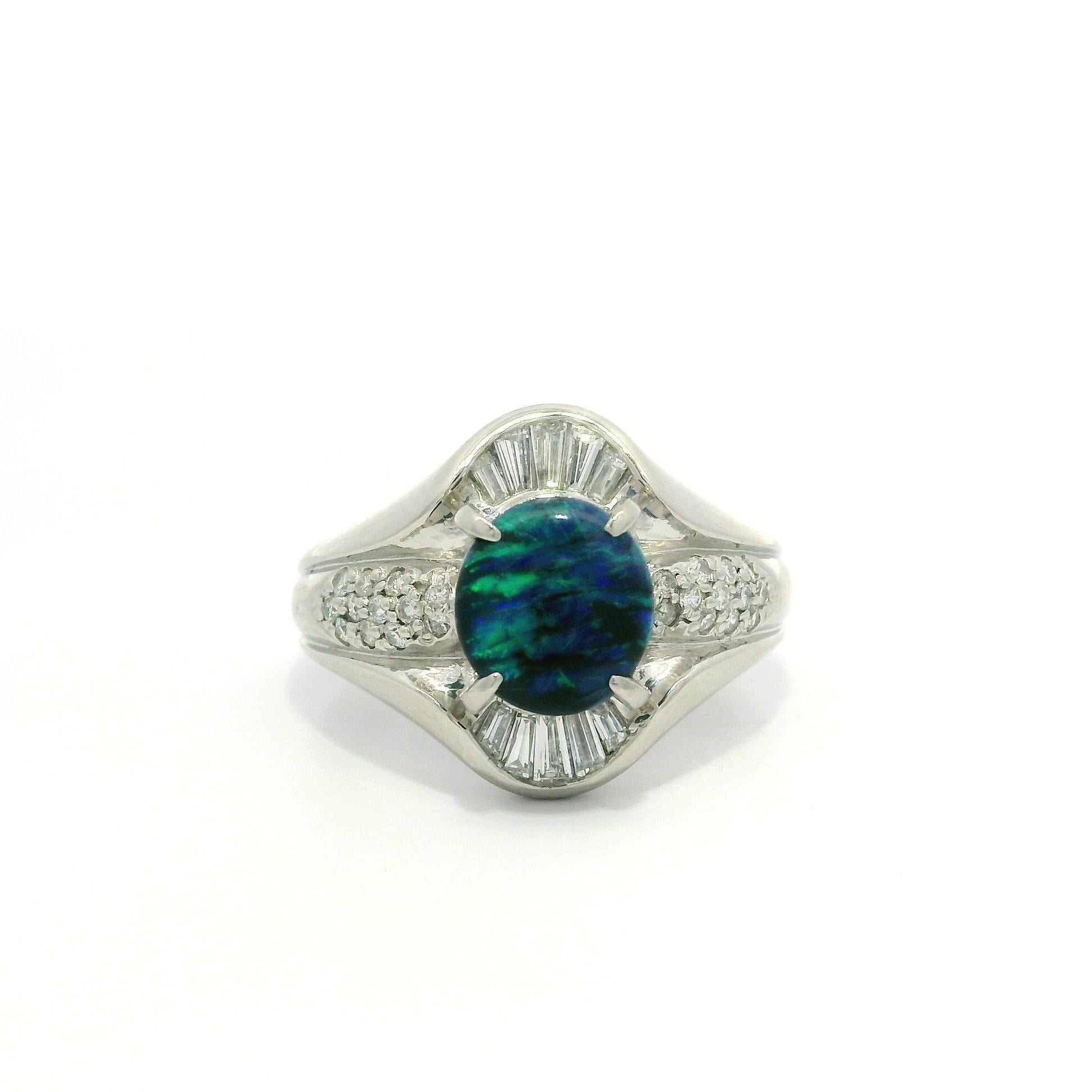 Solid Platinum 2.04ctw Blue Green Black Opal & Baguette Diamond Statement Ring For Sale 4