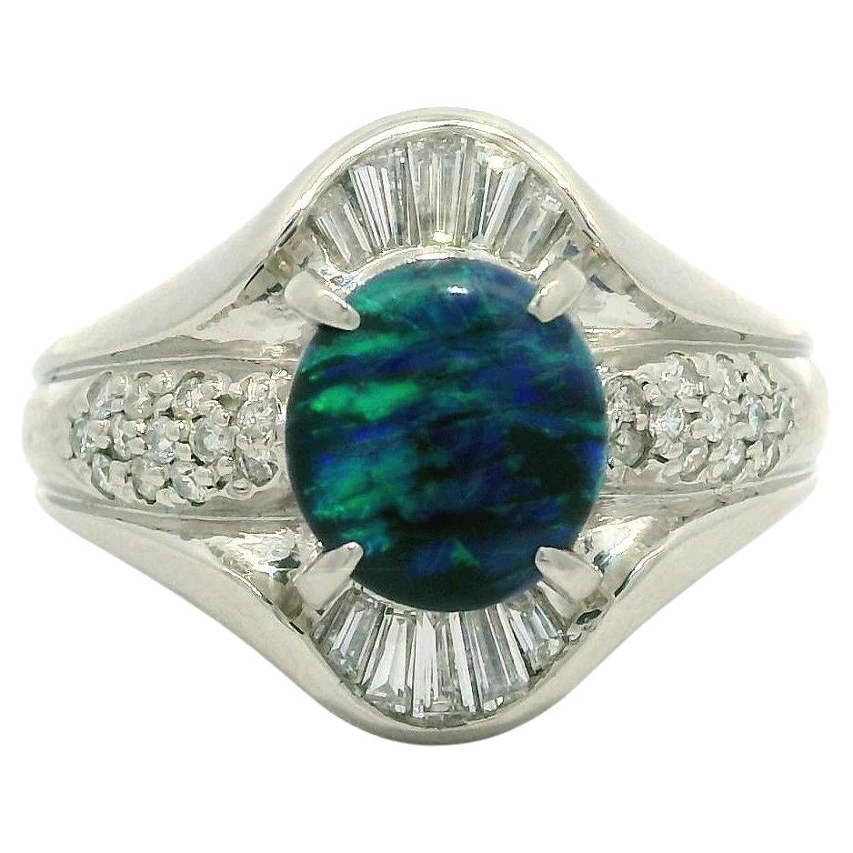 Solid Platinum 2.04ctw Blue Green Black Opal & Baguette Diamond Statement Ring For Sale