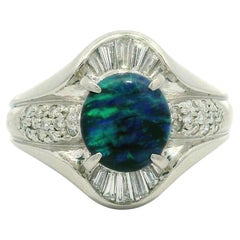 Bague fantaisie en platine massif avec opale bleue verte noire et diamant baguette de 2,04 carats