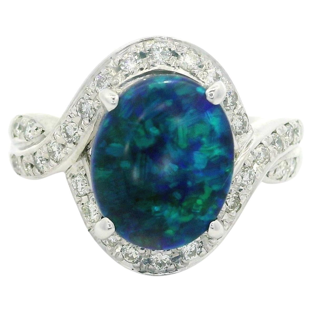 Solid Platinum 2.69ctw GIA Black Opal w/ Twisted Shoulder Diamond Halo Ring