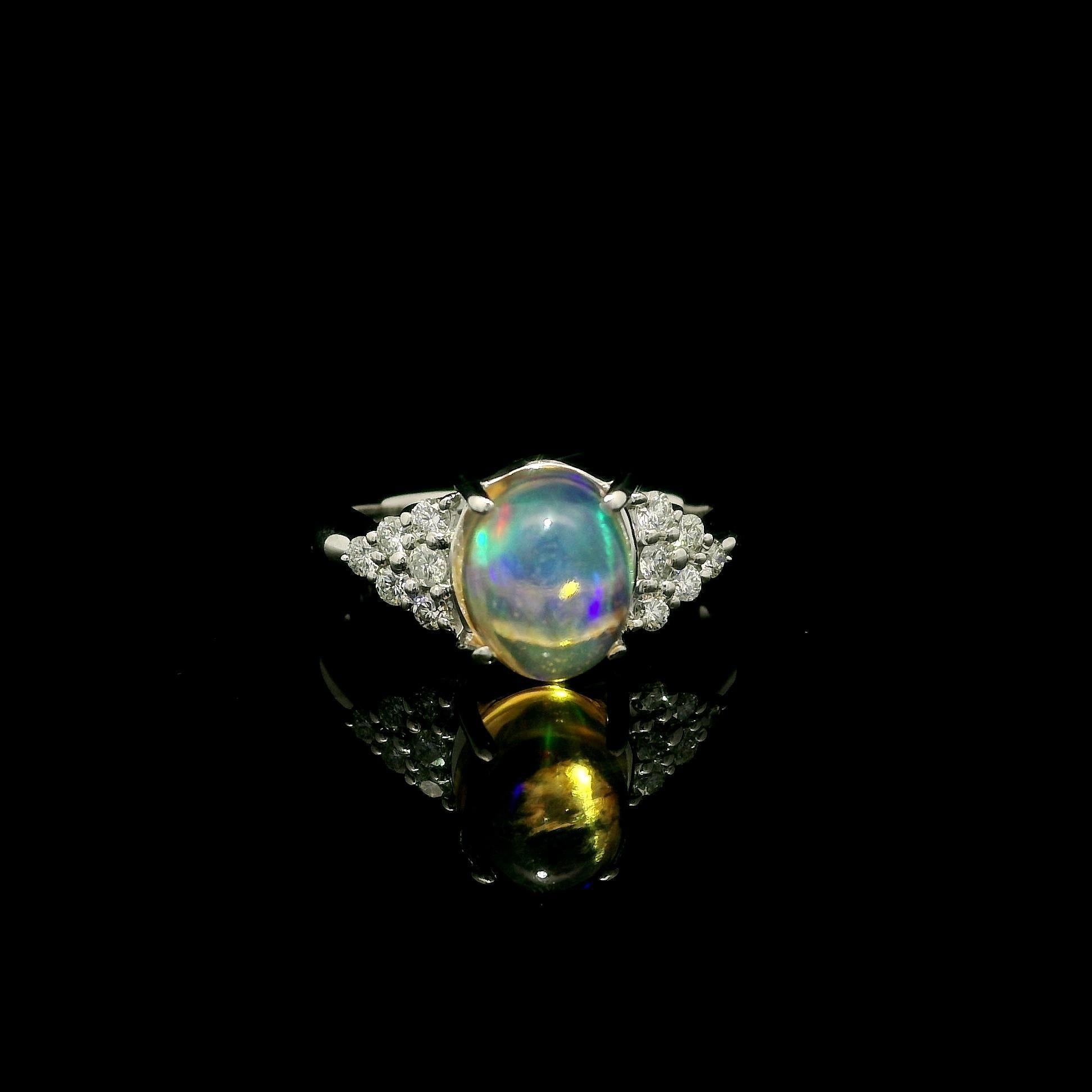 Anello classico in platino massiccio con opale ovale cabochon e diamanti da 2,8 ct. in vendita 9