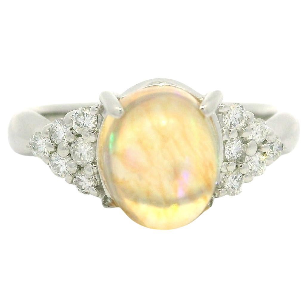 Solid Platinum 2.8ctw Oval Cabochon Opal & Diamond Sides Classic Ring