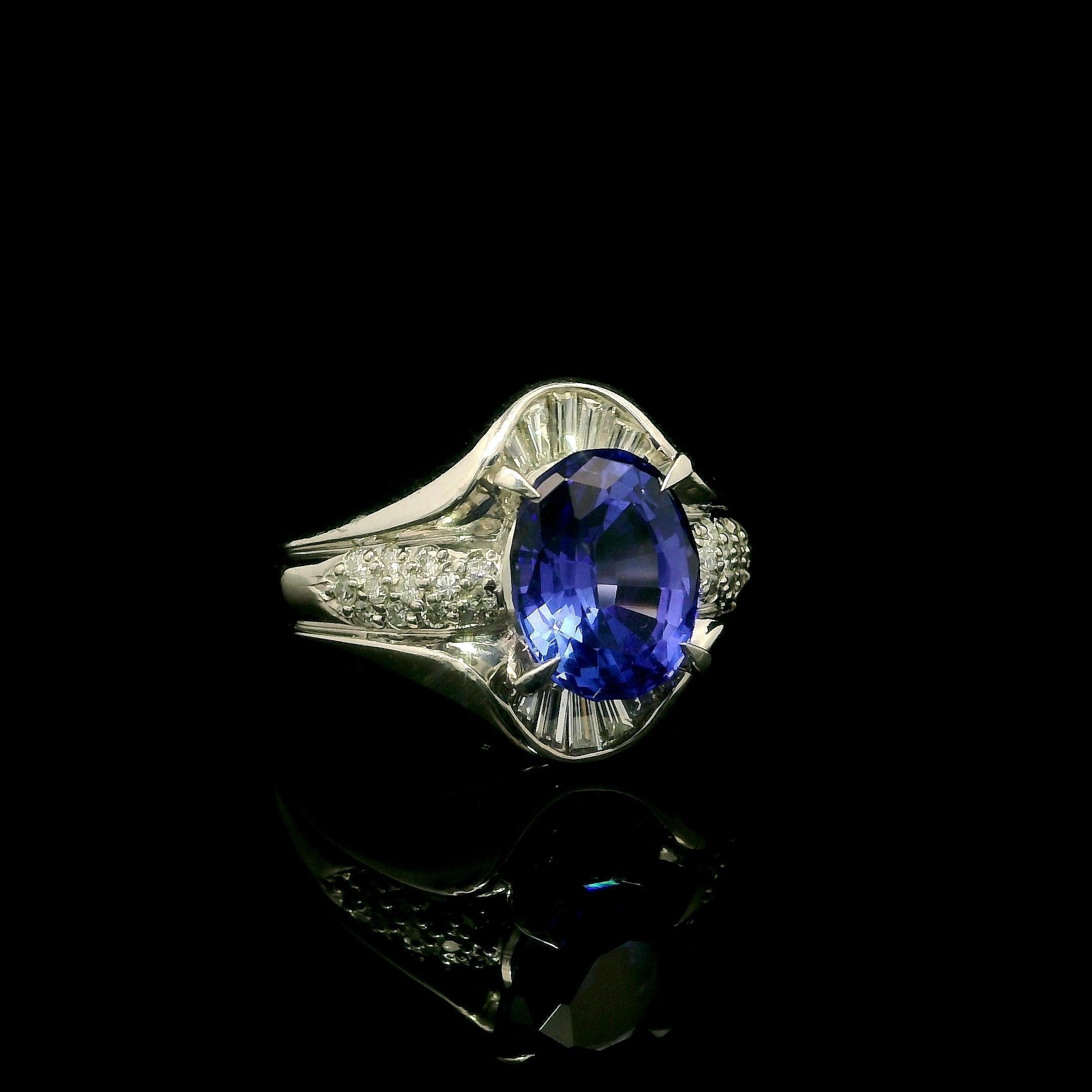 Anello Made Solid in platino con tanzanite ovale blu violetta e diamante da 2,99 ct. In condizioni ottime in vendita a Montclair, NJ