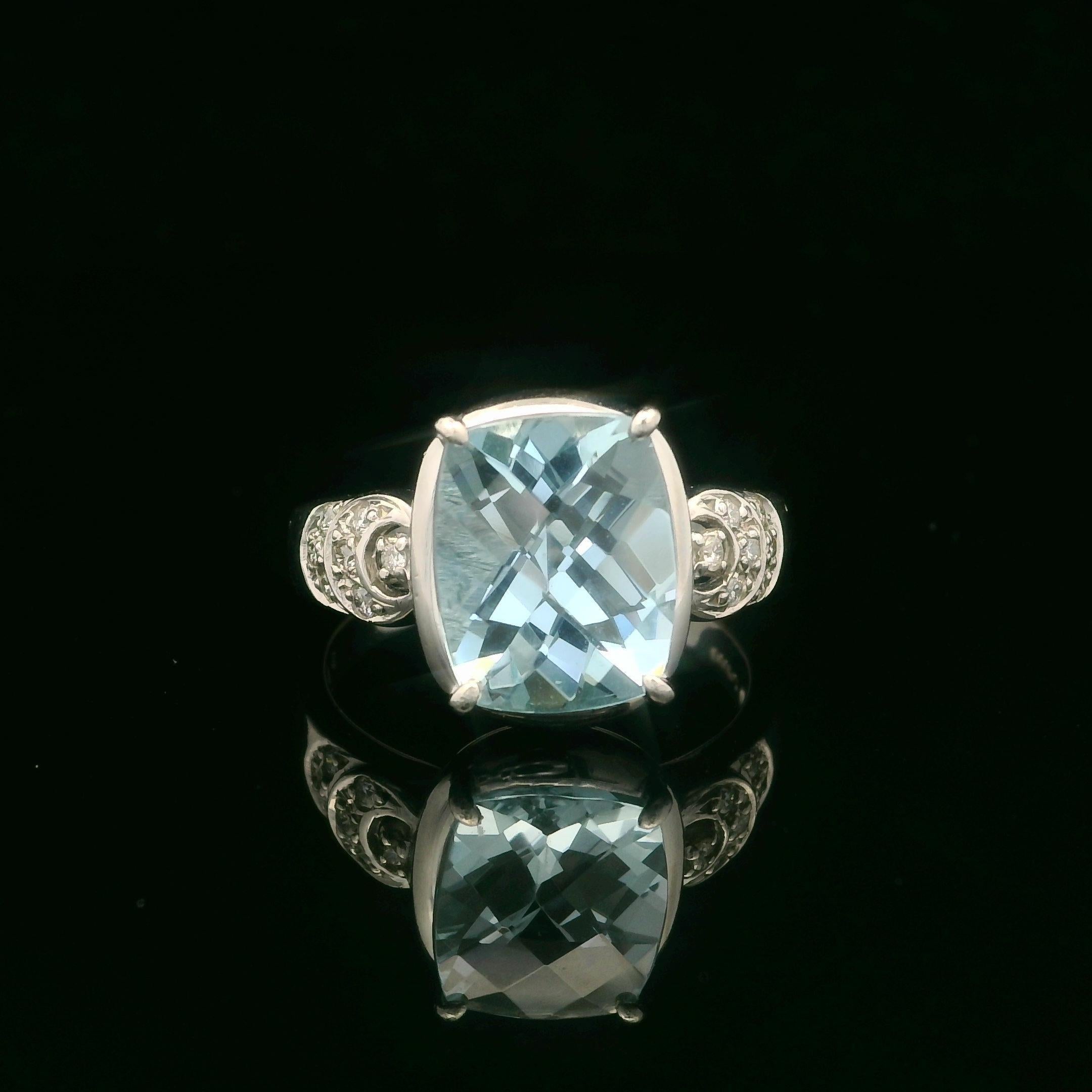 --Stone(s):--
(1) Natural Genuine Aquamarines - Cushion Cut - Prong Set - Very Nice Blue Color - 3.23ct (exact, stamped)
(14) Natural Genuine Diamonds - Round Brilliant Cut - Pave set - Nice White Color - 0.14ctw (exact, stamped)
Total Carat Weight: