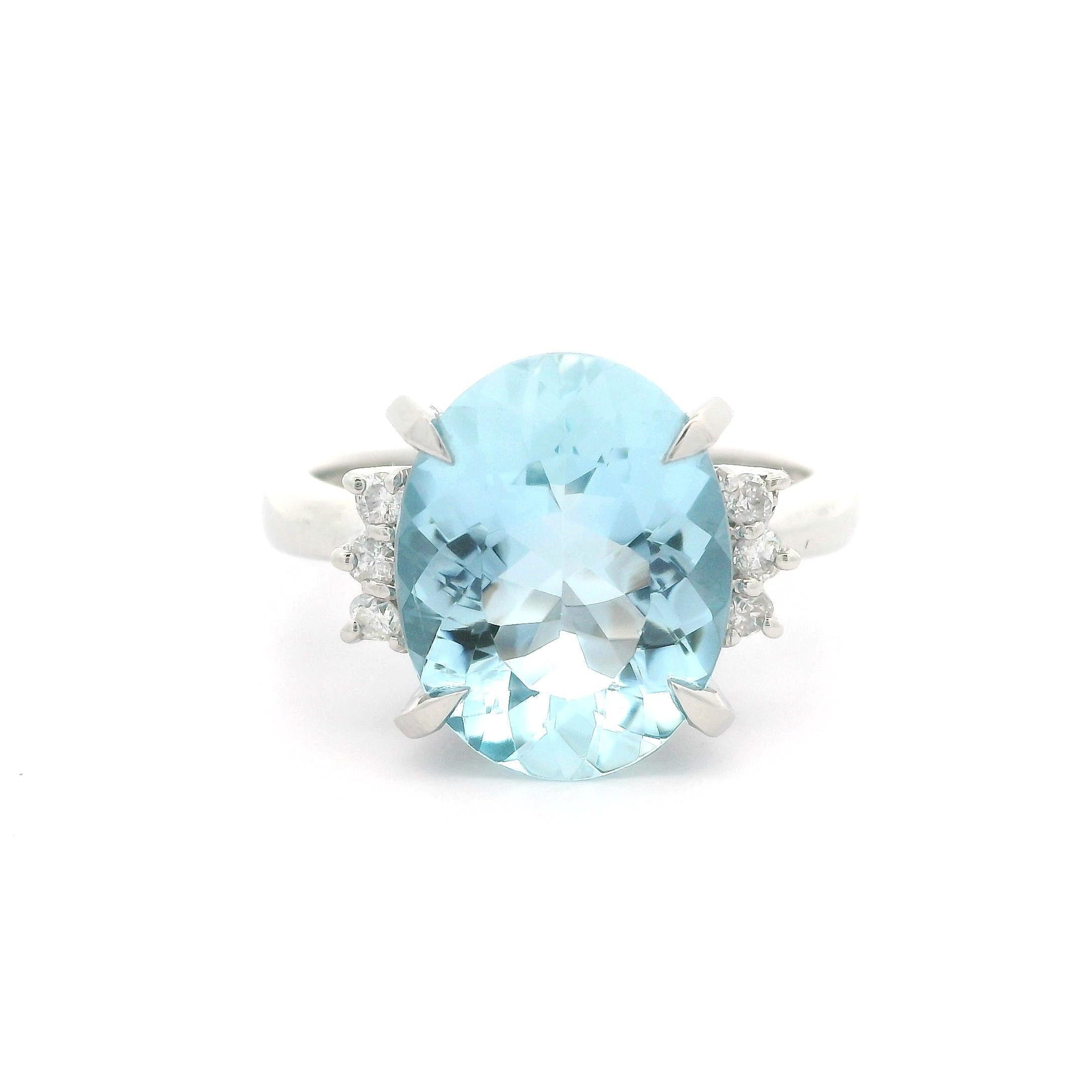Anello in platino massiccio con acquamarina taglio ovale e diamante rotondo da 3,96 carati in stile classico in vendita 7