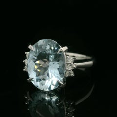 Solid Platinum 3.96ctw Oval Cut Aquamarine & Round Diamond Classic Style Ring