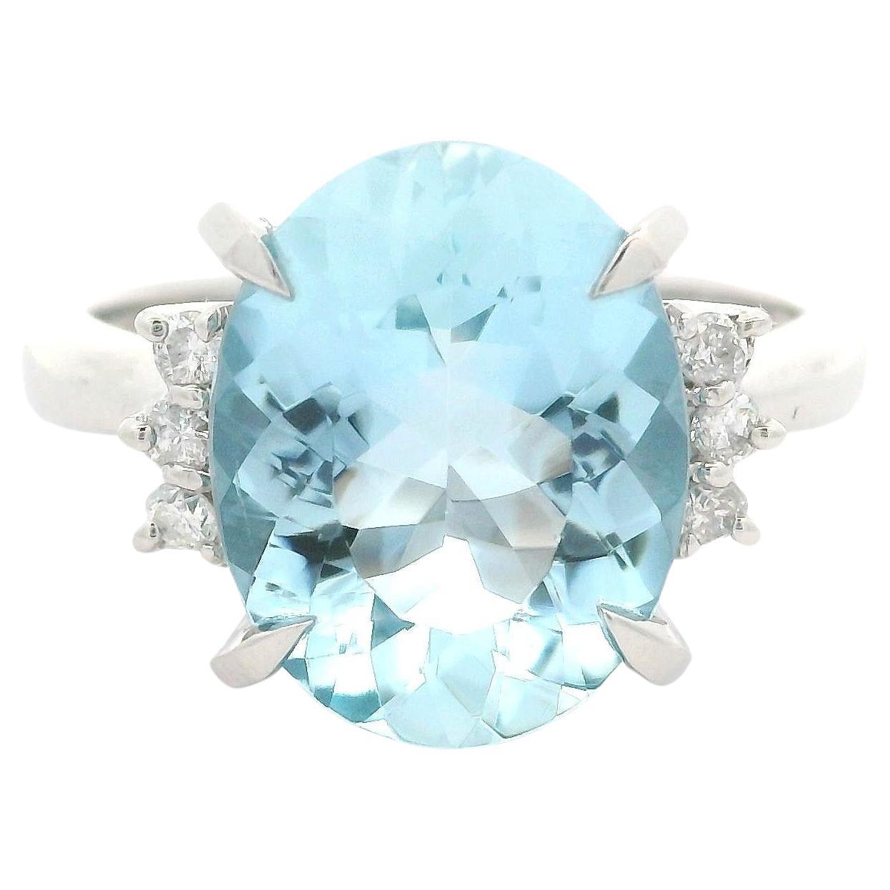 Solid Platinum 3.96ctw Oval Cut Aquamarine & Round Diamond Classic Style Ring