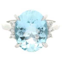 Solid Platinum 3.96ctw Oval Cut Aquamarine & Round Diamond Classic Style Ring