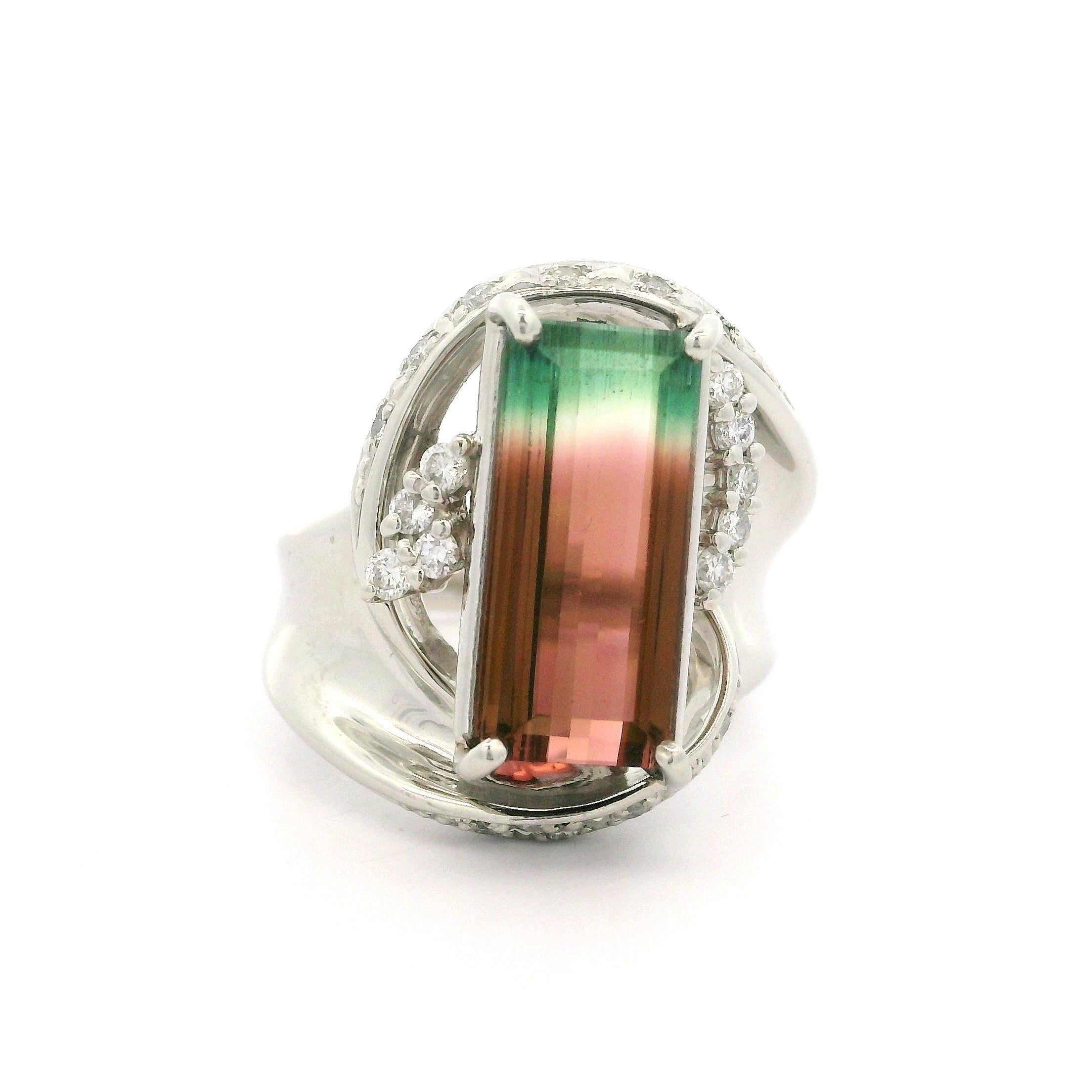 Solid Platinum 5.7ctw Emerald Cut Watermelon Tourmaline w/ Diamond Chunky Ring